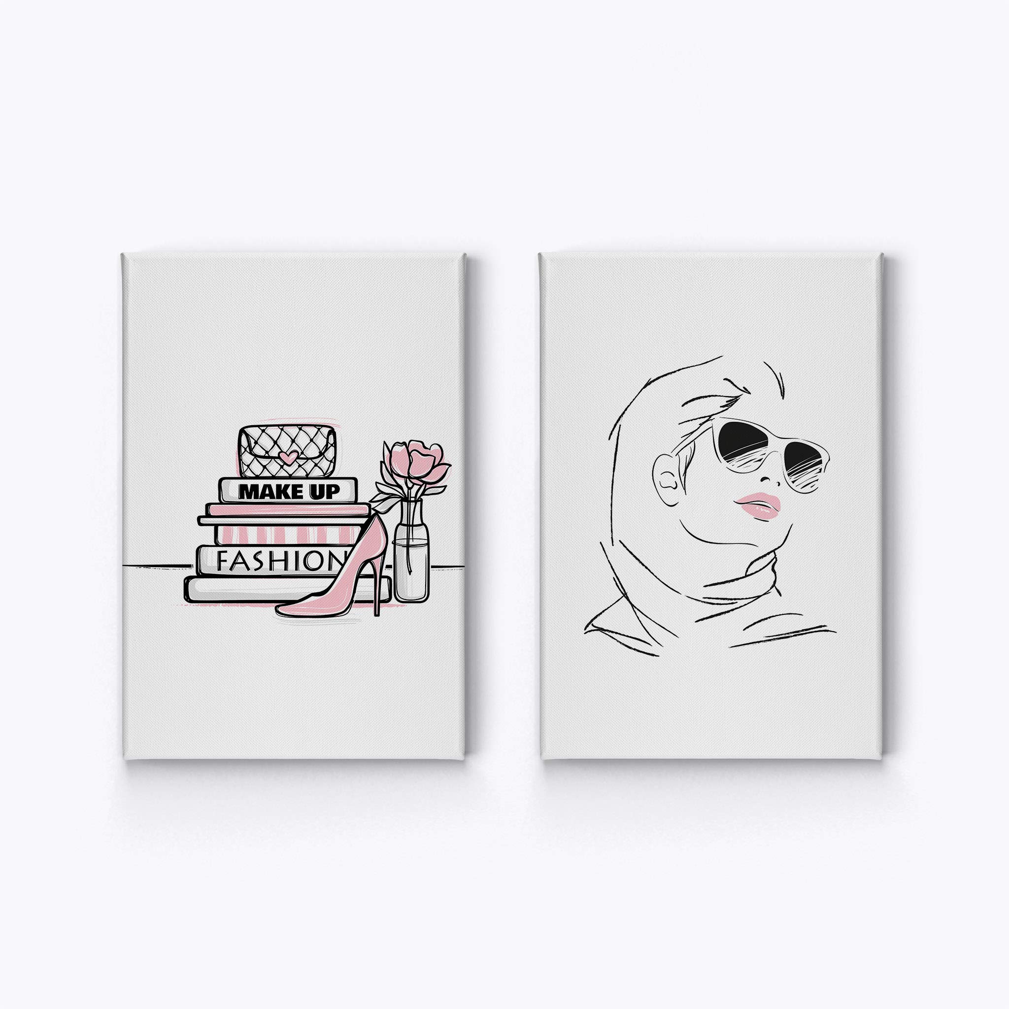 Glam Fashion Canvas Print Wall Art - Pink, Black & White Woman with Books, Bag & High Heels 2-Piece Set (12x8 inches) | Ready to Hang for Office, Bathroom, Women's Dorm, Bedroom & Living Room Decor | Trendy Home & Gift Idea