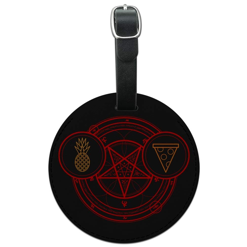 Pineapple Pizza Pentagram Leather Luggage Tag - Gothic Round ID Card Holder for Travel Bags & Suitcases - Perfect for Halloween, Cosplay & Alternative Fashion Accessories