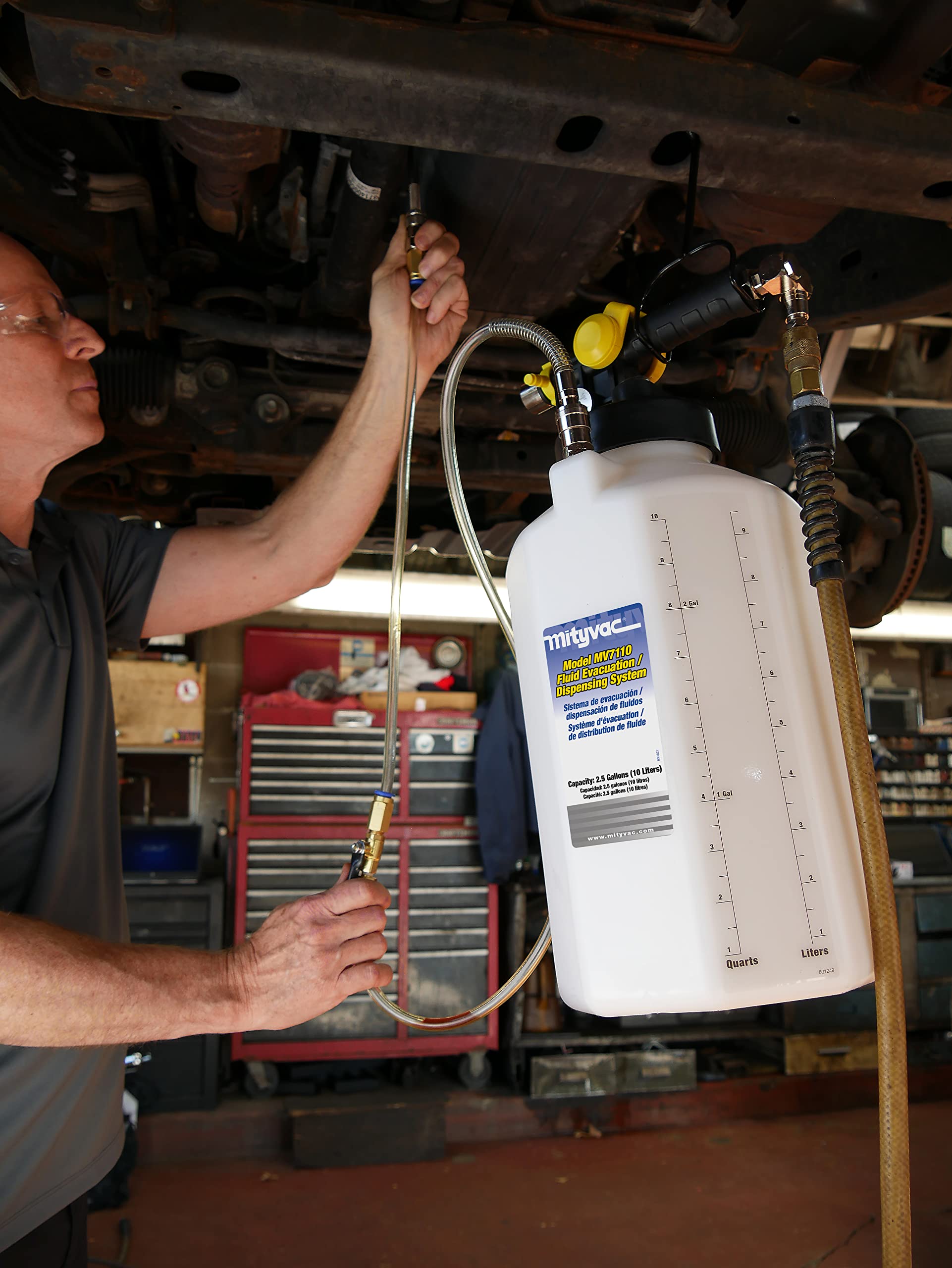 Mityvac MV7412 ATF Sealed Transmission Fluid Extractor and Refill Kit - 2.5 Gallon (10 Liter) Capacity with Compressed Air System, Isolated Flow Control & Pressure/Vacuum Switch Valves - Includes MVA575 Flexible Hose with Control Valve - Perfect for Automotive Transmission Maintenance & Fluid Changes