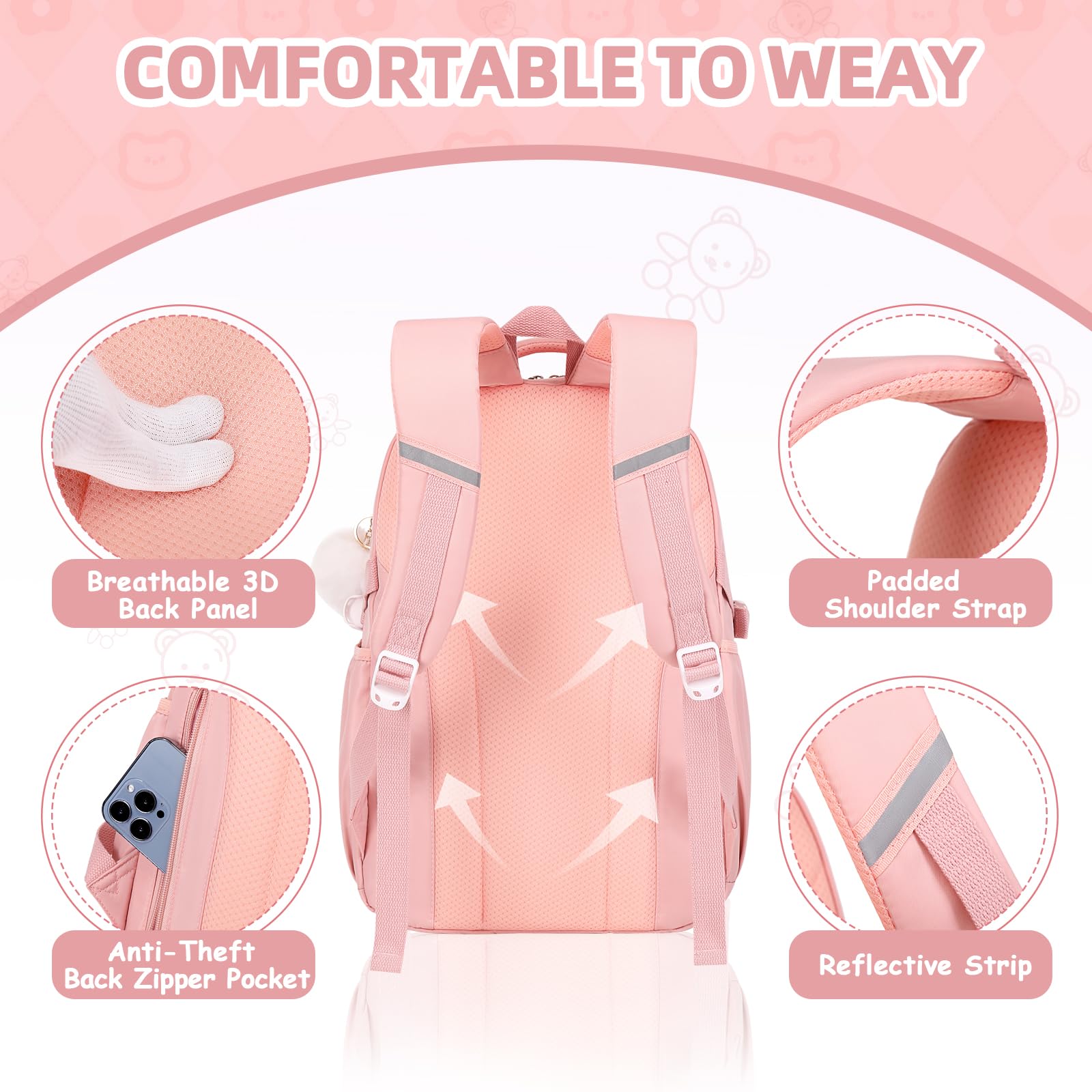 **Anti-Theft Girls Backpack for School - Lightweight Water-Resistant Bookbag with Back Pocket, Pink Kids Backpack for Elementary & Primary Students - Perfect for Daily Use, Travel & Outdoor Activities**