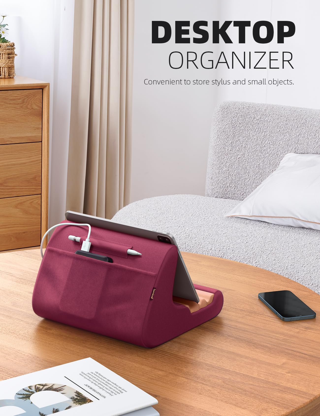 Lamicall Tablet Holder Stand with Soft Pillow Pad - Adjustable Bed & Lap Stand for iPad Pro 12.9/Air/Mini, Kindle, Galaxy Tab (4-13 Inch) - Includes Stylus Mount & Storage Pocket - Dark Red - Perfect for Reading, Watching Movies & Hands-Free Use in Bed/Couch/Travel