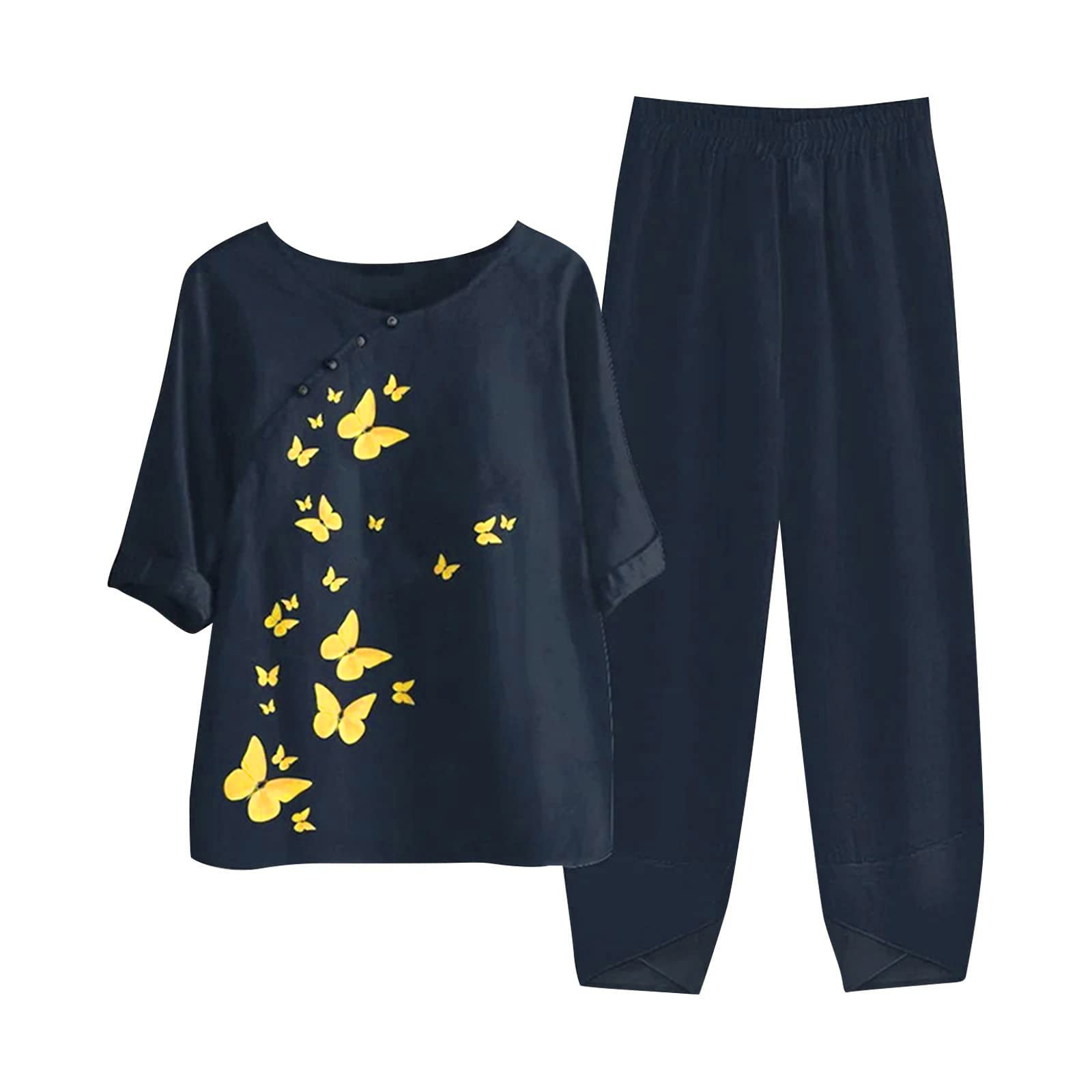 Women's Summer Linen Outfits - 2 Piece Lounge Set with Half Sleeve T-Shirt & Cotton Linen Pants - Plus Size Vacation Wear for Beach, Travel & Casual Comfort