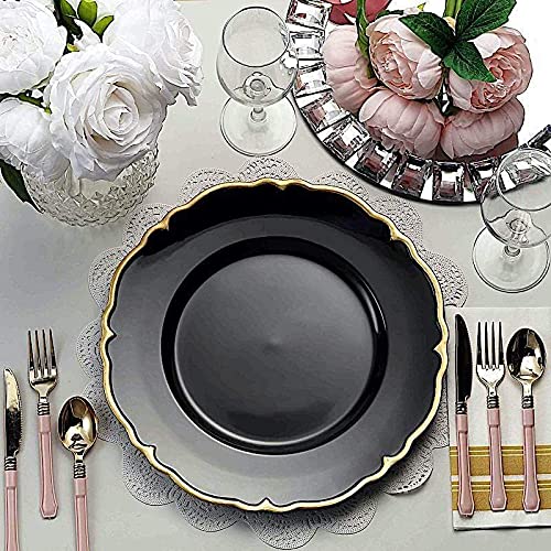6-Piece 13-Inch Black and Gold Round Scalloped Edge Charger Plates - Elegant Dinnerware for Weddings, Parties & Formal Dining Events