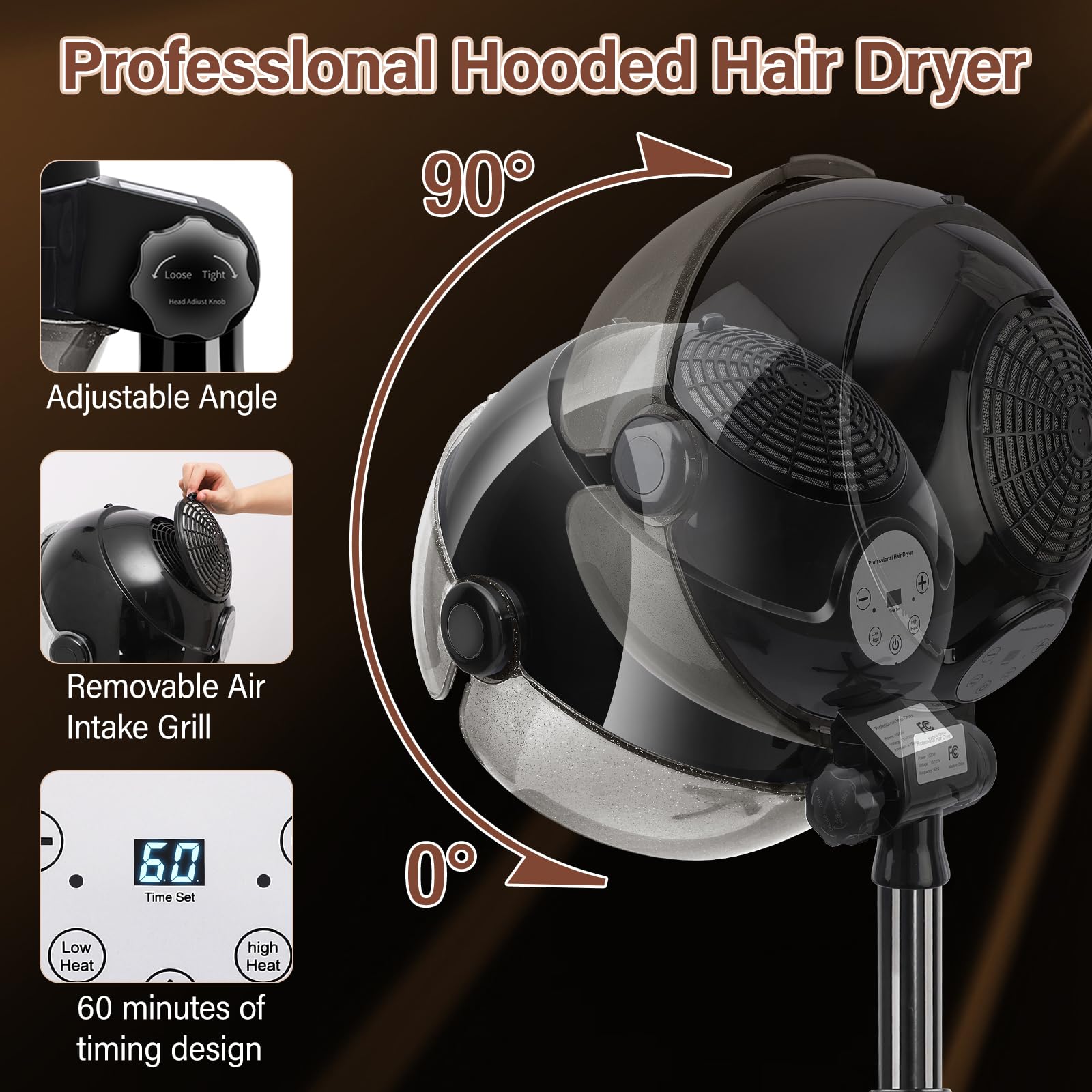 Professional Hooded Hair Dryer with Timer & Touch Controls - 3 Adjustable Heat Settings, Height Adjustable Stand for Salon & Home Use - Perfect for Blowouts, Styling & Deep Conditioning Treatments