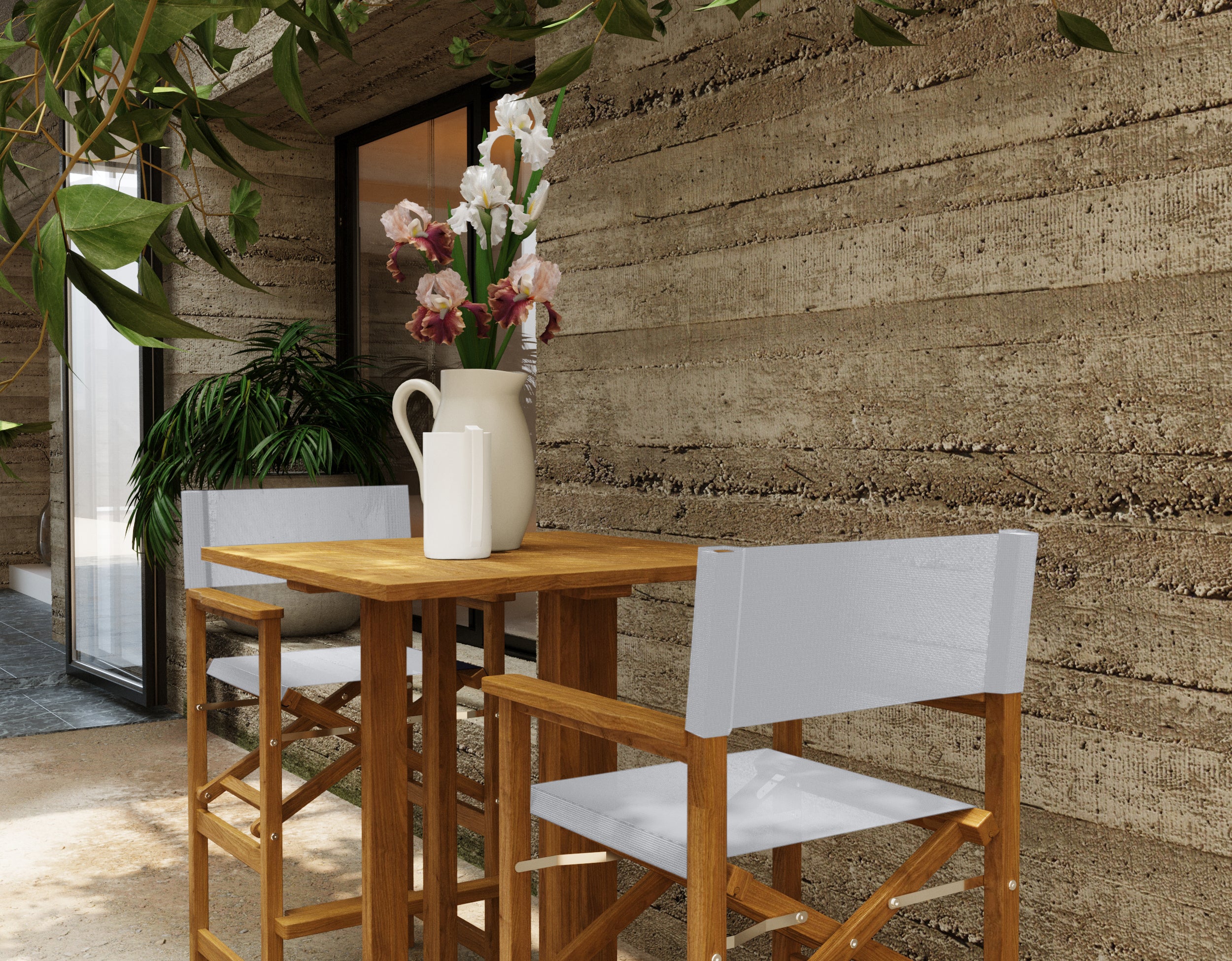3-Piece White Teak Outdoor Bar Height Dining Set with Folding Armchairs - Perfect for Patio, Deck, Garden & Backyard Entertaining