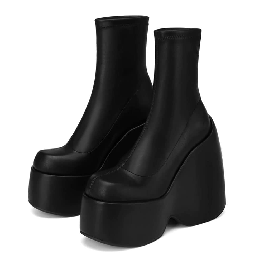 Women's FemFlame Platform Boots - Black Gothic Punk Block Heel Mid Calf Combat Motorcycle Boots | Stylish & Comfortable for Everyday Wear, Concerts & Night Out