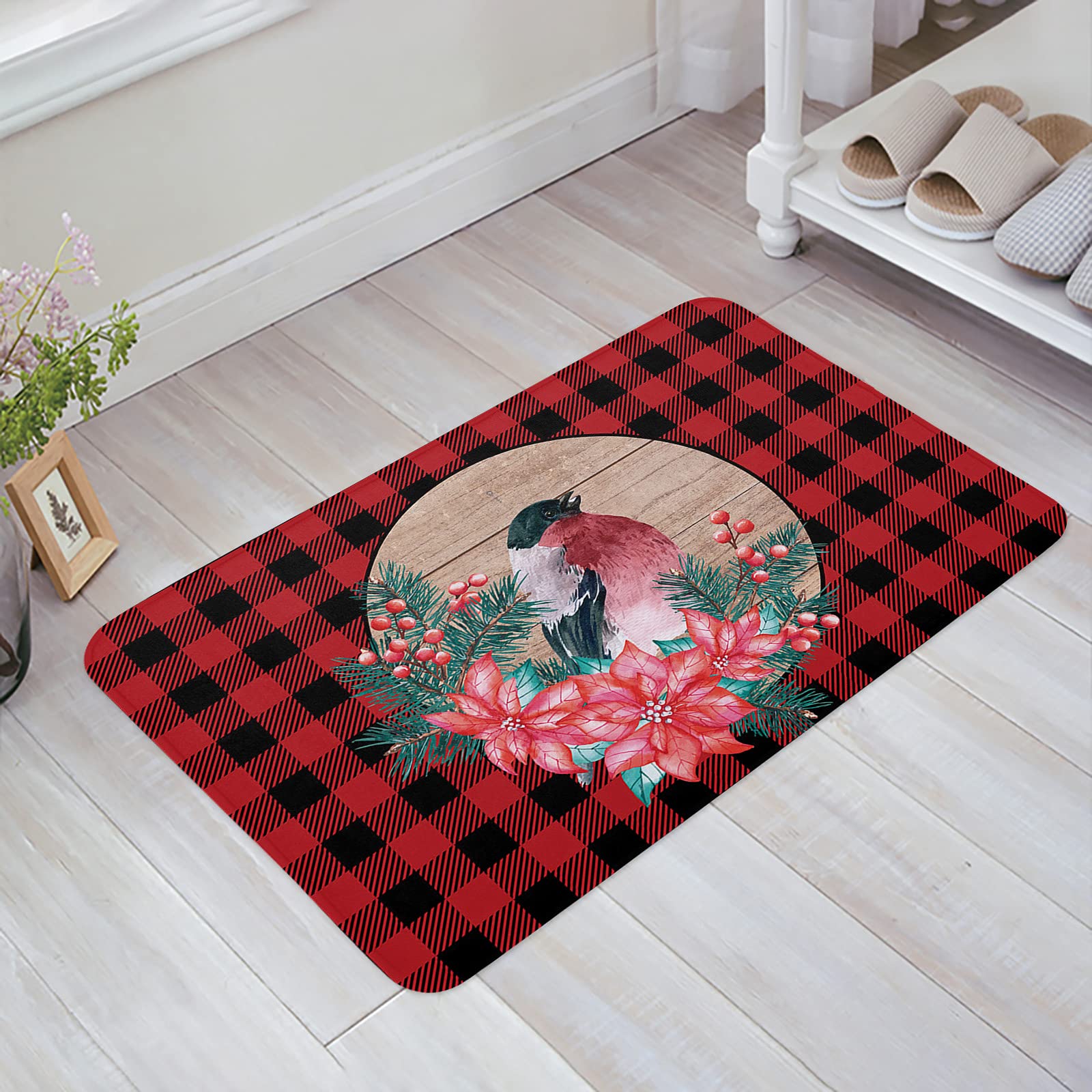 Vintage Christmas Door Mat with Bird & Flower Pattern - Non-Slip Absorbent Doormat for Bathroom, Bedroom, Kitchen, Hallway & Entryway - 20x31.5 Inch Red Black Plaid Floor Mat - Perfect for Holiday Decor & Home Comfort