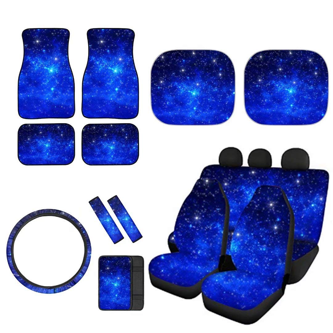 YoungerBaby Blue Shine Galaxy Starry Print Car Accessories Set - Front & Rear Seat Covers, Floor Mats, Steering Wheel Cover, Seat Belt Pads, Armrest Cover & Windshield Sunshade - Universal Fit for Most Cars - Perfect for Road Trips & Daily Commute