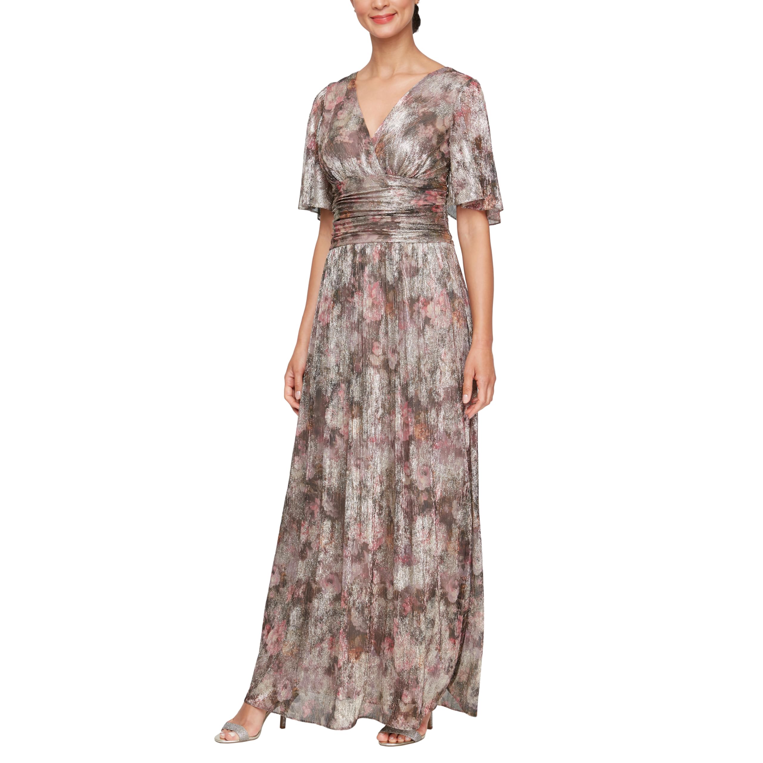 S.L. Fashions Women's Elegant Long A-line Gown with Flutter Sleeves & Ruched Waist - Wedding Guest Dress, Party Dress, Formal Occasion Dress - Available in Petite & Regular Sizes - Perfect for Weddings, Galas, Cocktail Parties and Special Events