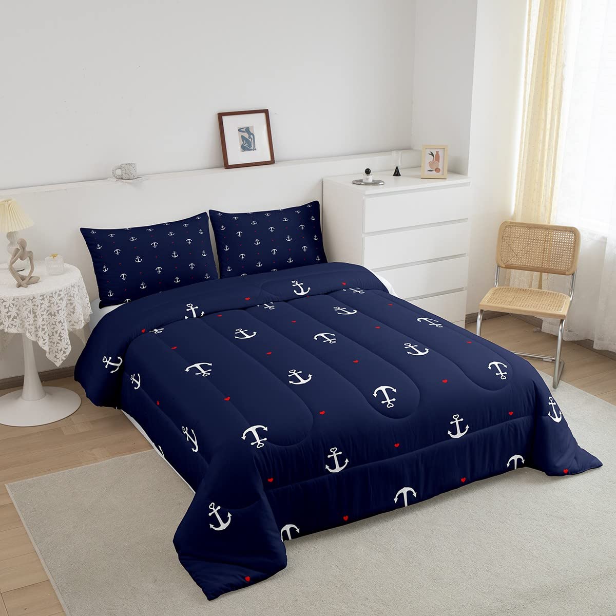 **Nautical Themed Twin Comforter Set - 2 Piece Navy Blue Microfiber Down Alternative Bedding for Kids & Teens Boys Room Decor - Includes 1 Pillowcase - Perfect for Coastal, Beach, or Sailor Themed Bedrooms**