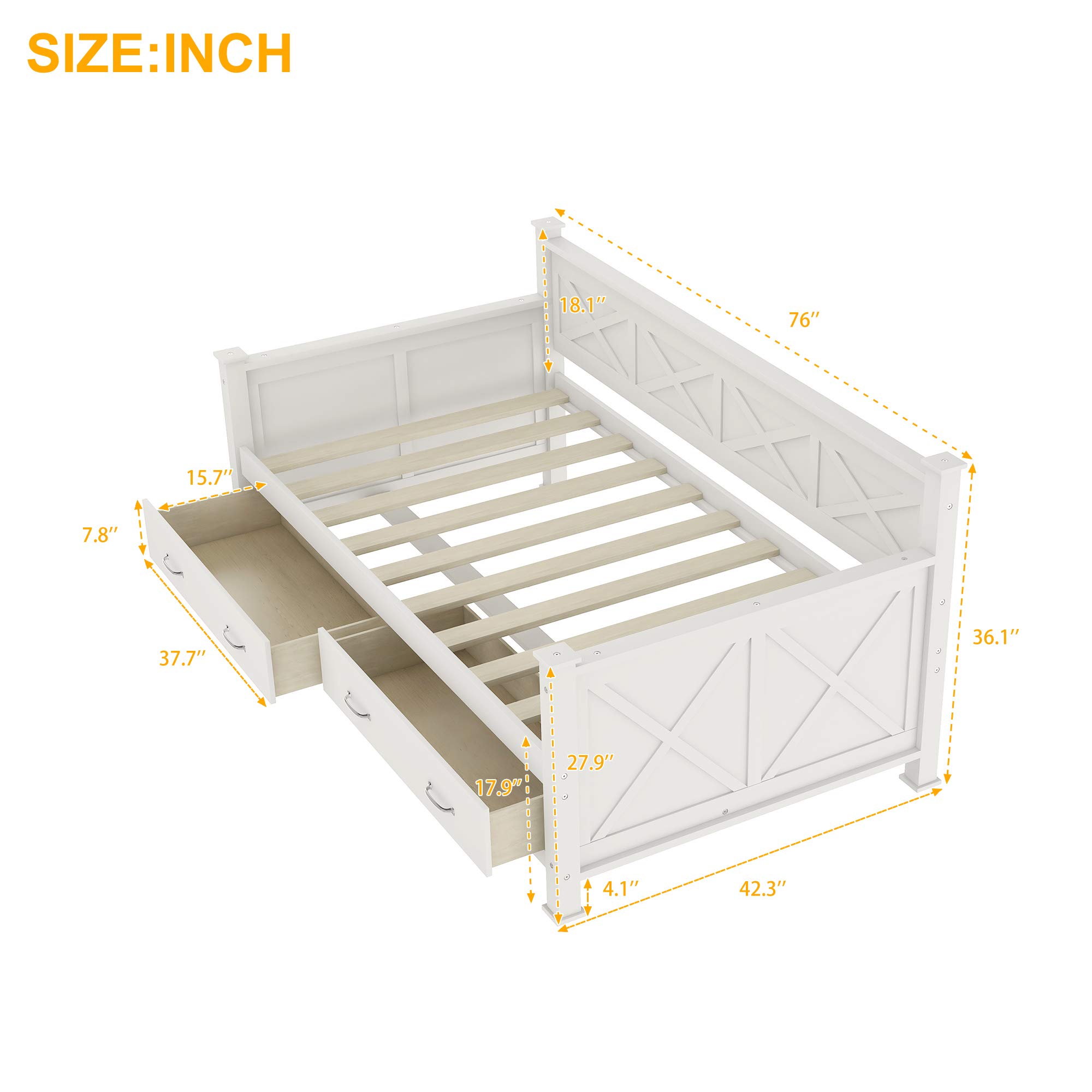 Merax Twin Size Wooden Daybed with 2 Large Drawers - X-Shaped Frame, Modern Rustic Design, Wood Slat Support (No Box Spring Needed) - Easy Assembly White Daybed for Guest Room, Dorm, or Living Room