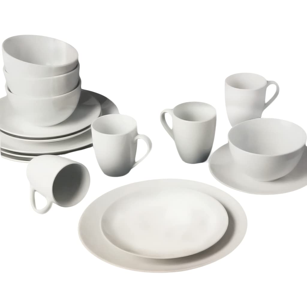 Premium White Ceramic Dinnerware Set - 16 Piece Porcelain Plates, Bowls & Mugs for Everyday Dining, Entertaining & Restaurant Use