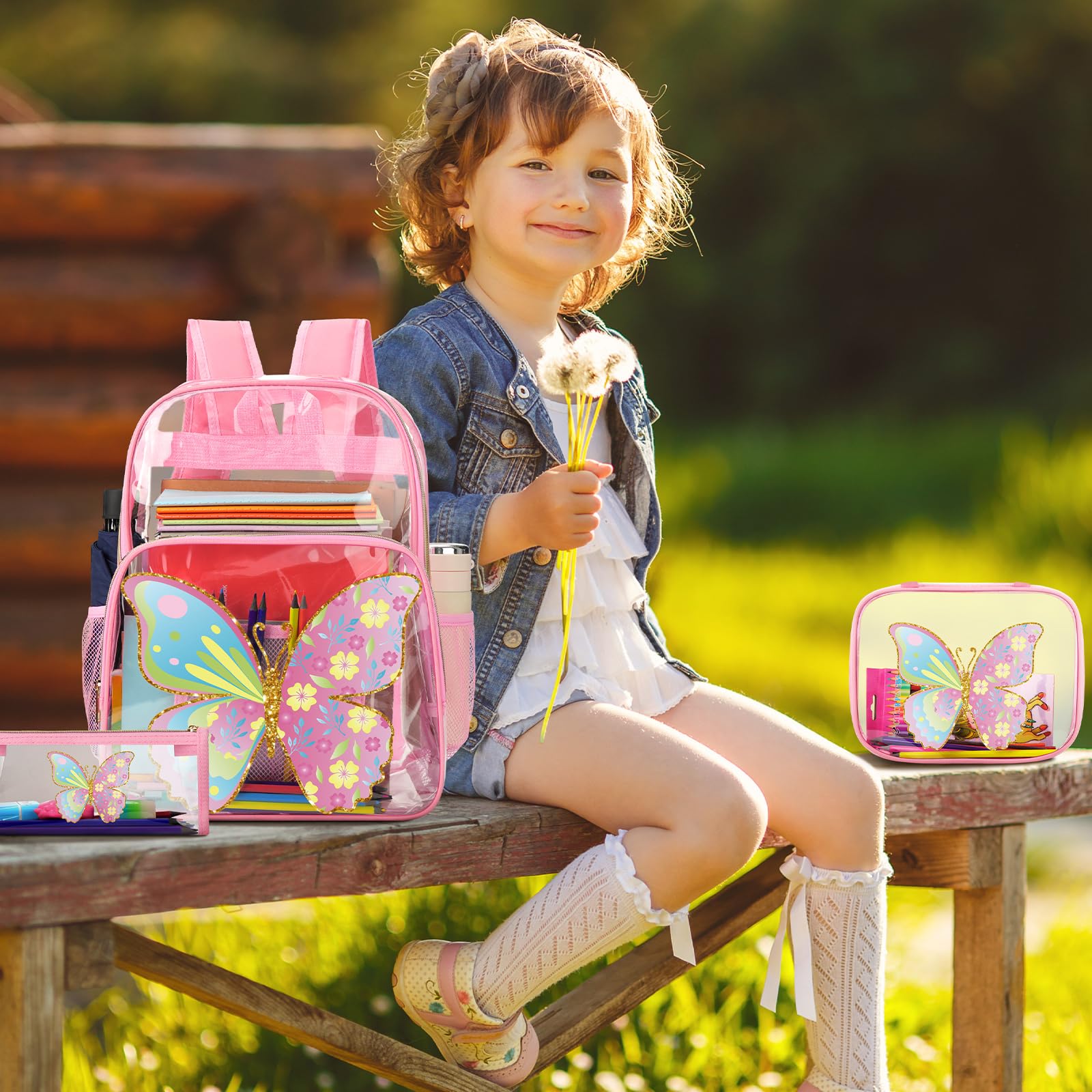 Kacctyen 3-Pack Pink Transparent Backpack Set for Kids - Heavy Duty Clear School Backpack with Lunch Bag (Rainbow & Butterfly Design) - Perfect for School, Travel, and Outdoor Activities