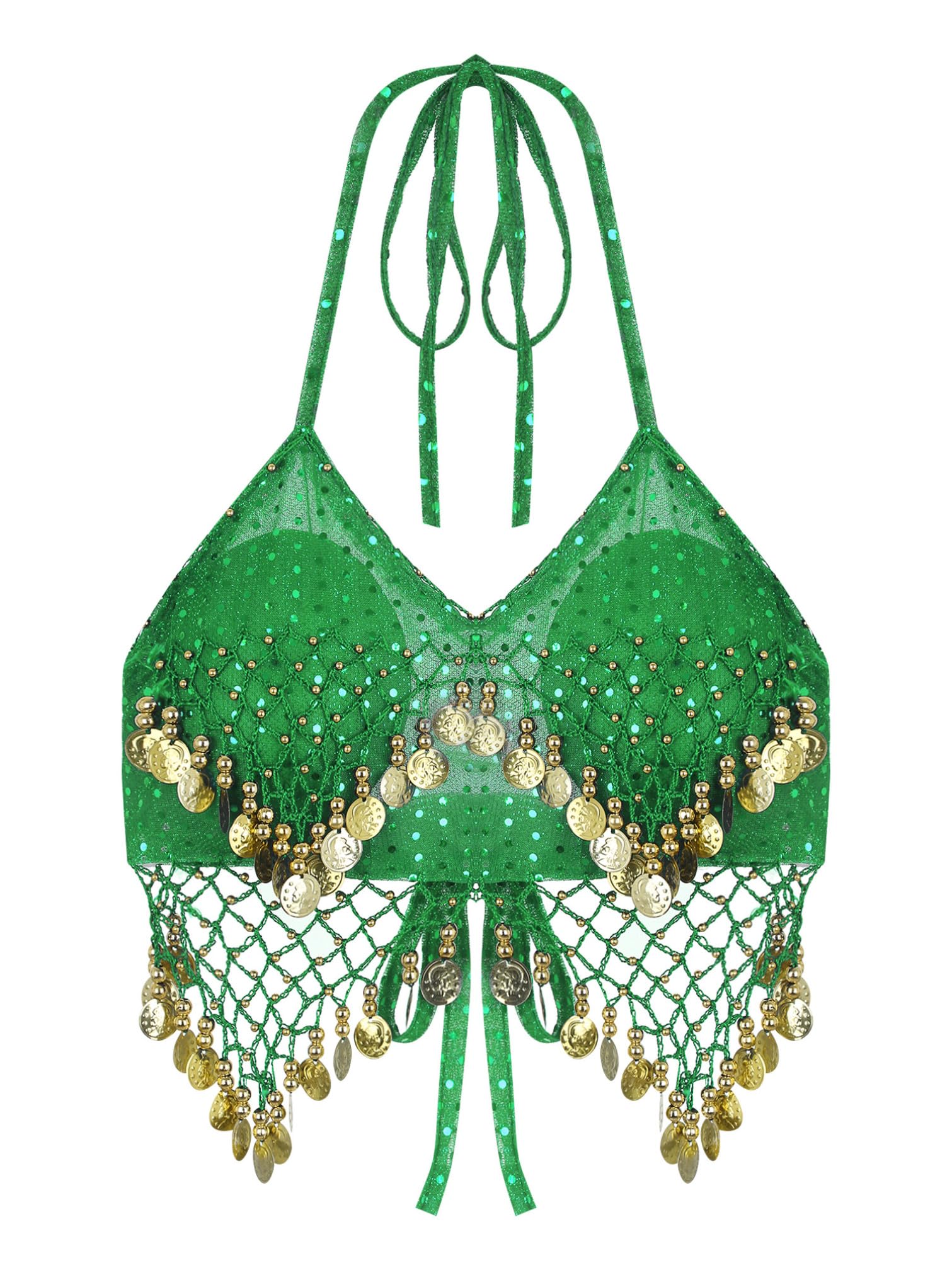 iiniim Women's Glitter Sequins Belly Dance Bra Top - Halter Beads Tassel Crop Top for Belly Dance, Performance, and Costume - Perfect for Dance Shows, Parties, and Festivals
