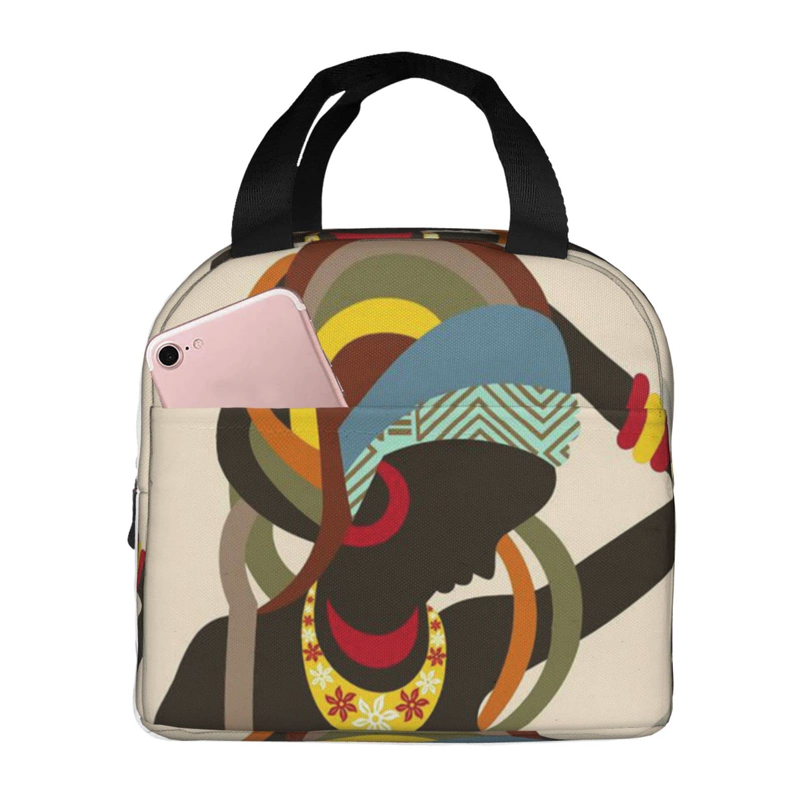 Vintage South African Tribal Art Insulated Thermal Tote Lunch Bag for Women - Reusable Cute Floral Sunflower Design with Pocket for Work, School, Picnic & Outdoor Activities