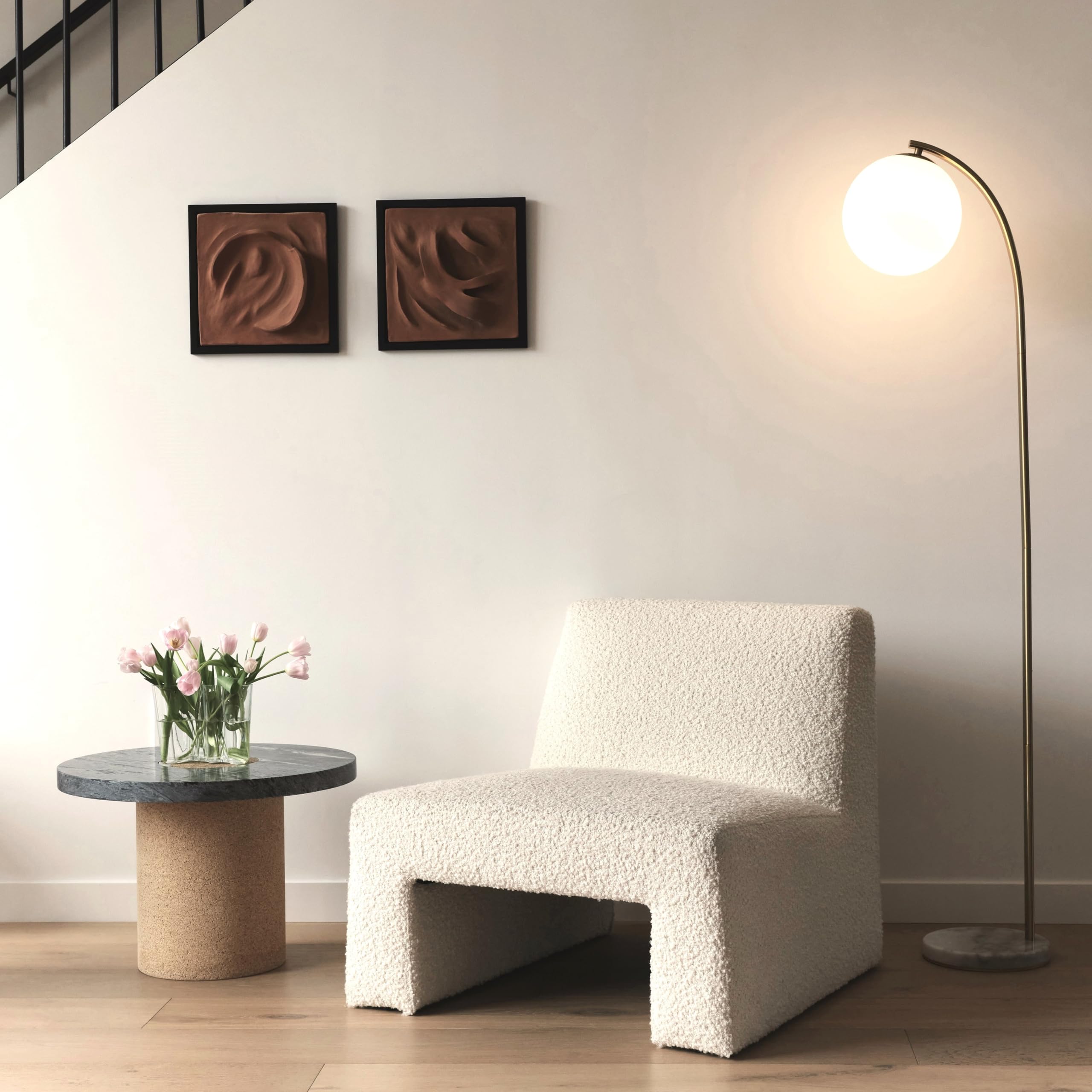 Brightech Luna Drop LED Floor Lamp - Frosted Glass Globe Arcing Standing Light, Mid-Century Modern Living Room Lamp for Bedroom, Office & Reading Nook - Brass Finish - Perfect for Cozy Nights & Boho Rustic Home Decor