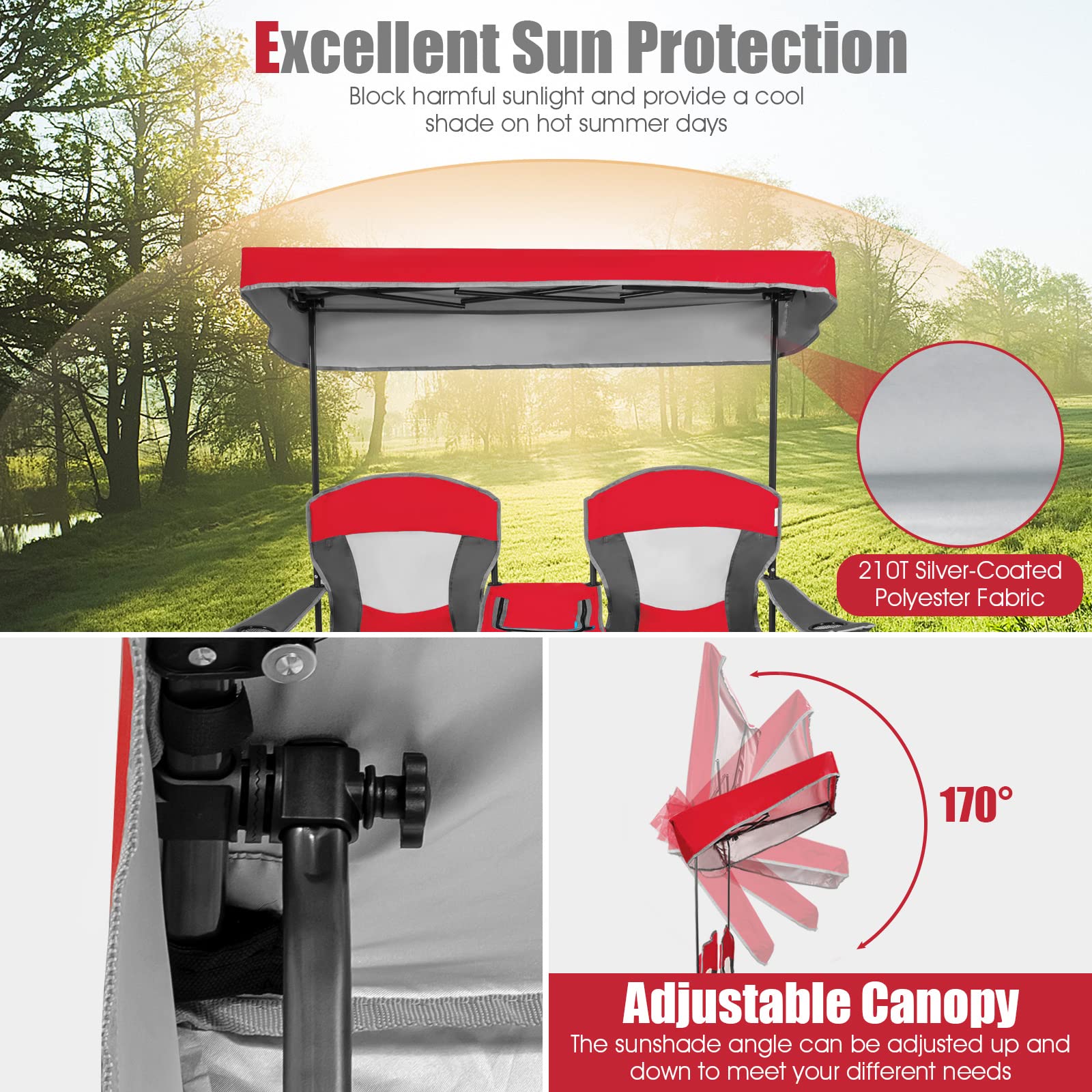 SAFSTAR 2-Person Folding Camping Chair with Shade Canopy - Portable Beach Chair with Cup Holder, Mini Table & Carrying Bag - Compact Outdoor Chairs for Camping, Backyard, Patio, Pool & Beach Picnics - Red