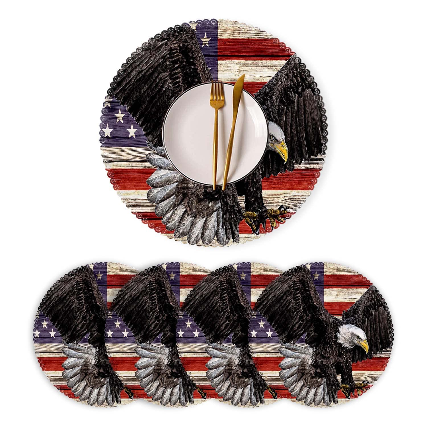 Round Heat Resistant Washable Polyester Placemats Set of 4 - Eagle USA Flag Design for Kitchen & Dining Table Decor | Perfect for Patriotic Holidays, BBQs, and Everyday Use