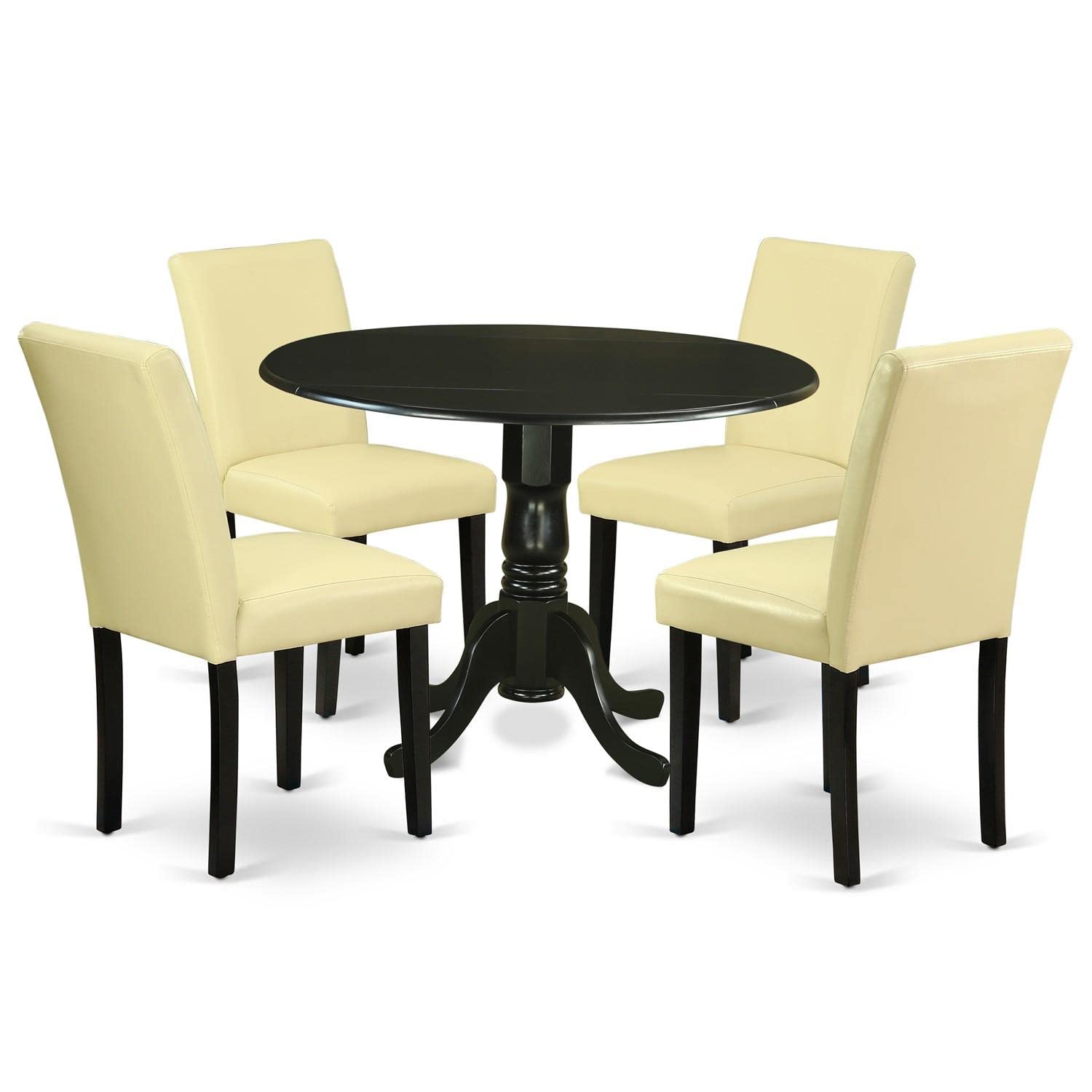 East West Furniture DLAB5-BLK-73 5-Piece Black Round Dining Table Set with Drop Leaf & 4 Faux Leather Chairs - 42x42 Inch Kitchen Table for Small Spaces, Breakfast Nook, or Apartment Dining
