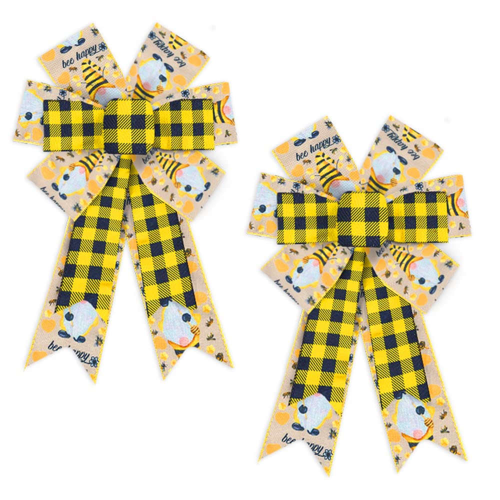 Bumble Bee Wreath Bows 2PCS - Black Yellow Buffalo Plaid for Spring & Summer Door Decor