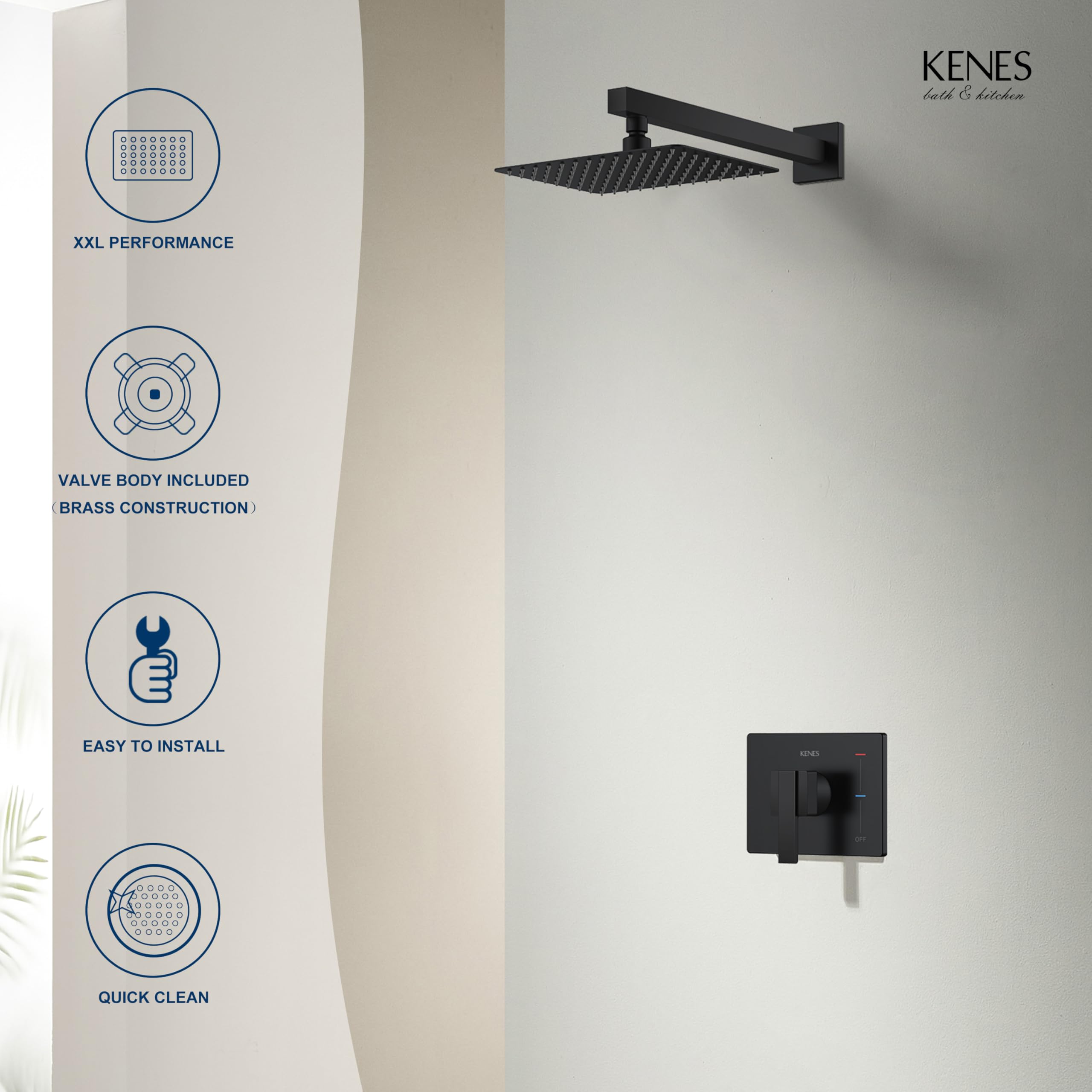 Kenes Matte Black Square Shower Faucet Set with Single-Spray Wall Mount Shower Head & Valve Included (Model KE-6024B-2) - Perfect for Modern Bathroom Renovations and Spa-Like Shower Experiences