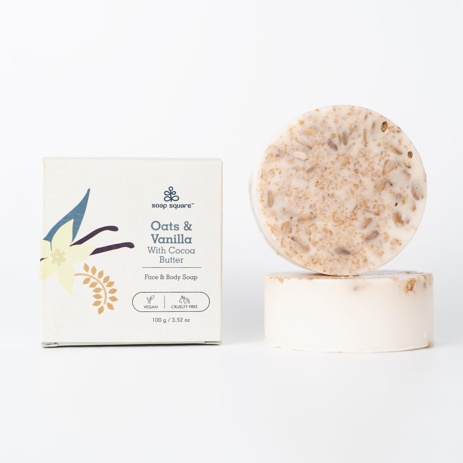 SOAP SQUARE Oats & Vanilla with Cocoa Butter Soap Bar - SLS Free, Paraben Free, Cruelty-Free Vegan Soap - Handcrafted in India - Freshly Made 100g - Perfect for Gifting, Customized Presents & Daily Skincare Routine