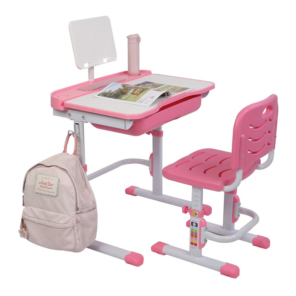 Adjustable Kids Table and Chair Set with Storage Bin - Light Gray/Pink Study Desk for Children, Art Table with Reading Stand - Perfect for Homeschooling, Drawing, and Reading Activities