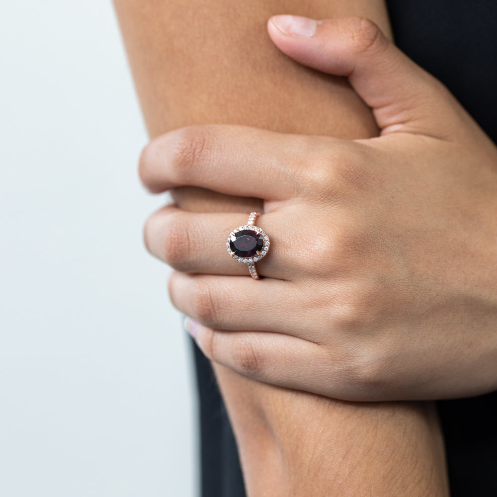 9ct Rose Gold Rhodolite Garnet Ring 10x8mm Oval with 0.34ct Diamonds - Elegant Jewelry for Women, Perfect for Engagement, Anniversary & Special Occasions