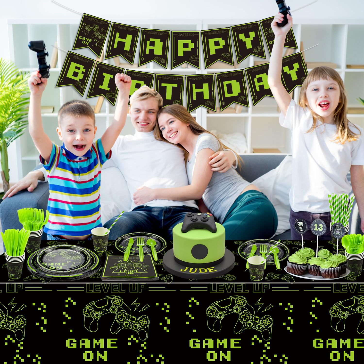162Pcs Green Video Game Party Decorations Set - Includes Game On Plates, Napkins, Cups & Birthday Banner - Perfect for Boys Gaming Birthday Party & Level Up Theme - Serves 20 Guests - Ideal for Gaming Themed Birthday Parties, Game Night Decorations & Esports Events