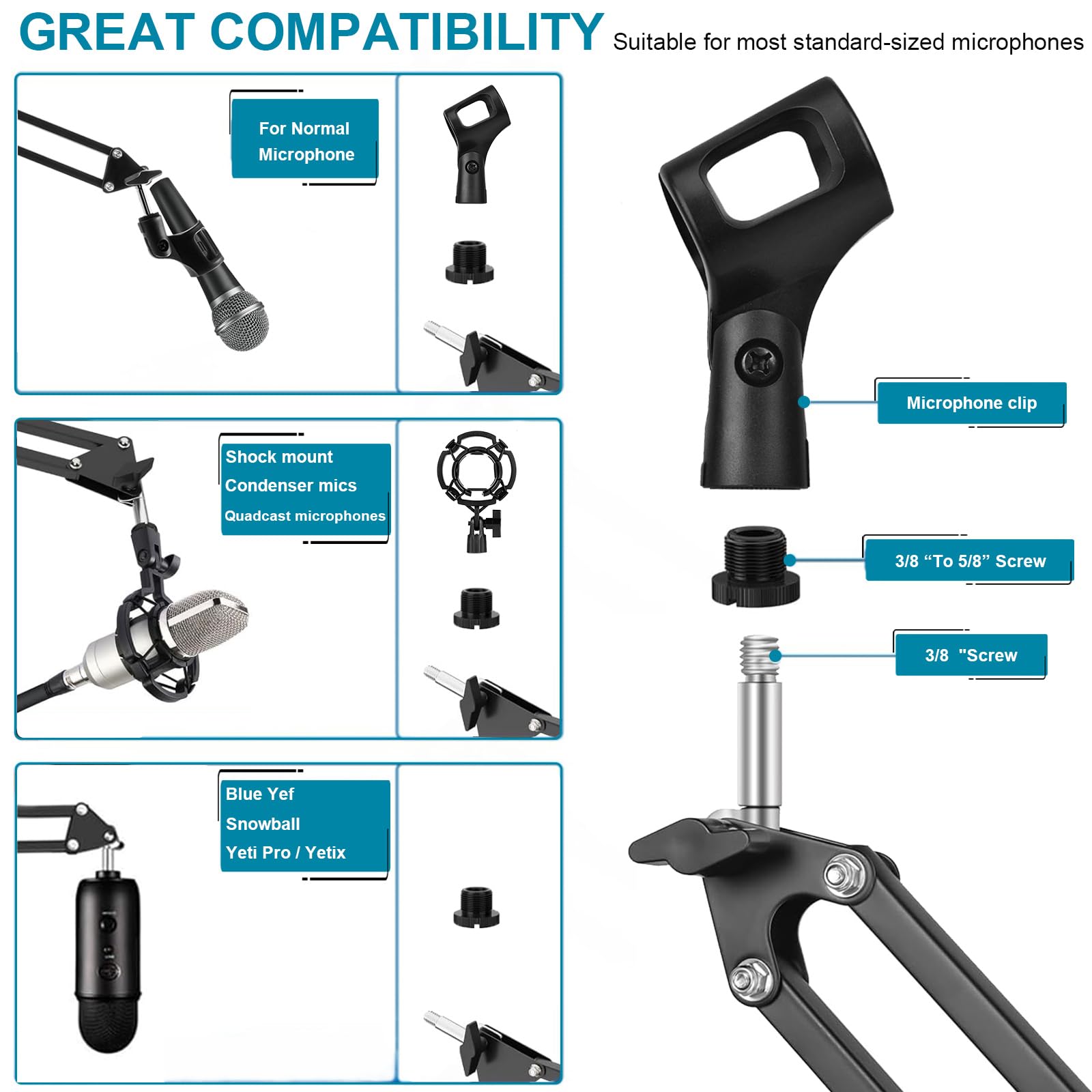 Adjustable 360° Rotating Microphone Boom Arm Stand - Compatible with Blue Yeti, HyperX QuadCast, Snowball Mics - Perfect for Recording, Podcasting & Gaming Setup