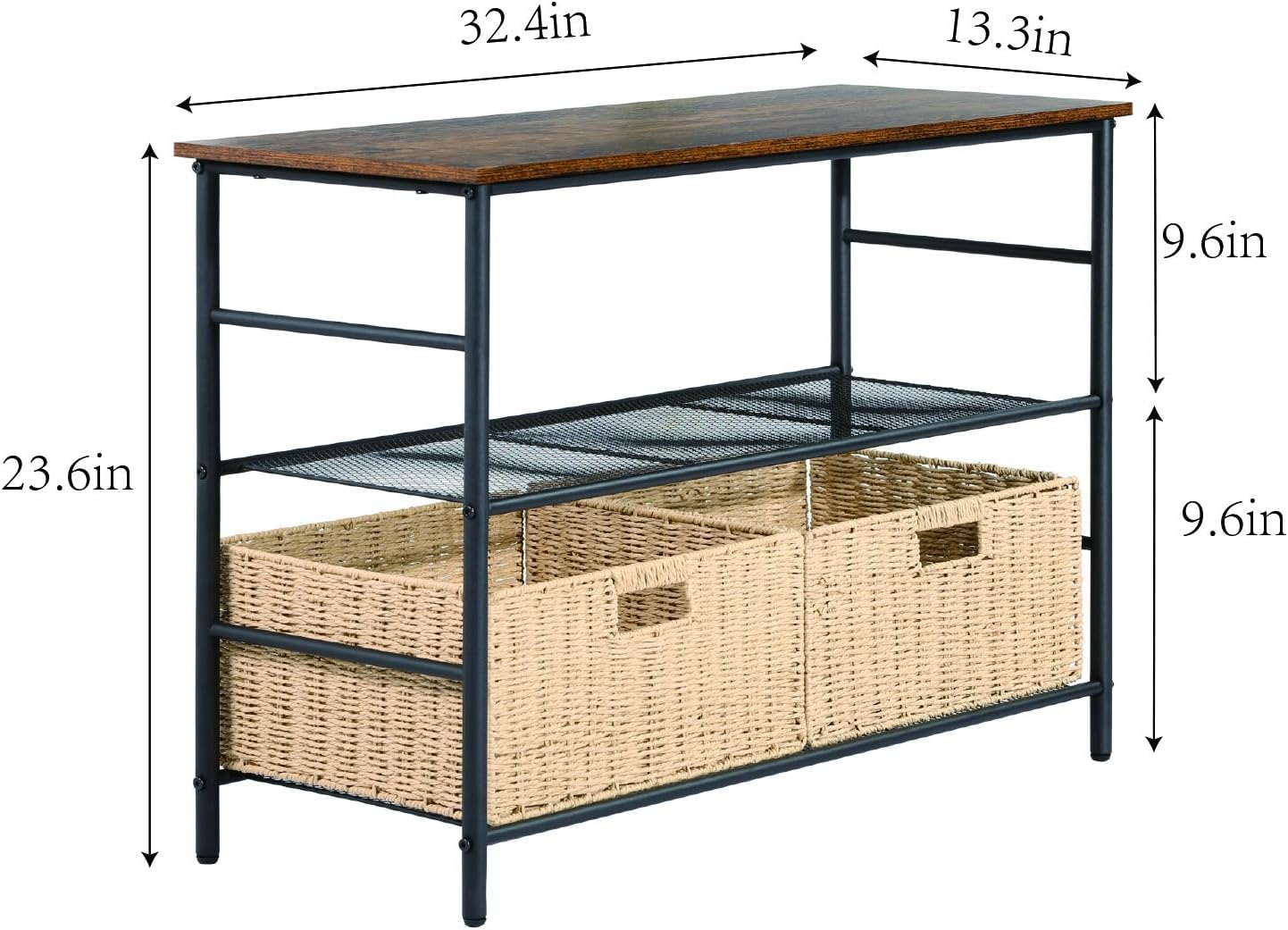 VECELO Industrial Console Table with 2 Wicker Baskets - Rustic Narrow Sofa Table for Hallway, Living Room & Entryway - Easy Assembly 2-Tier Storage Shelf in Retro Brown - Perfect for Small Spaces & Farmhouse Decor