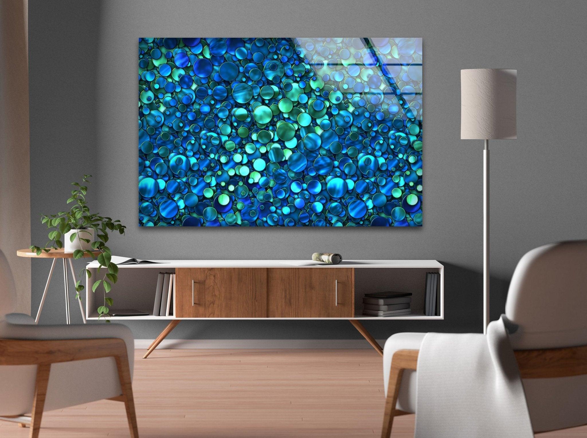 Abstract Blue Bubble Glass Wall Art - Modern Handmade Decor for Living Room, Bedroom & Office - Unique 3D Textured Glass Panel for Home & Office Decor