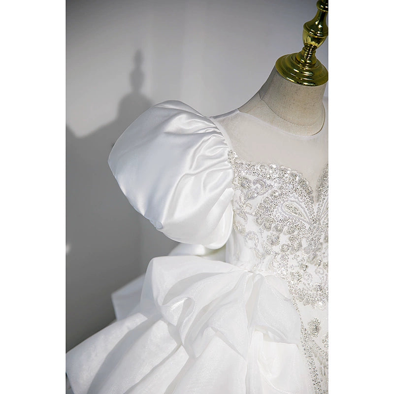 Elegant White Princess Round Floor Length Satin Flower Girl Dress for Weddings & Special Occasions