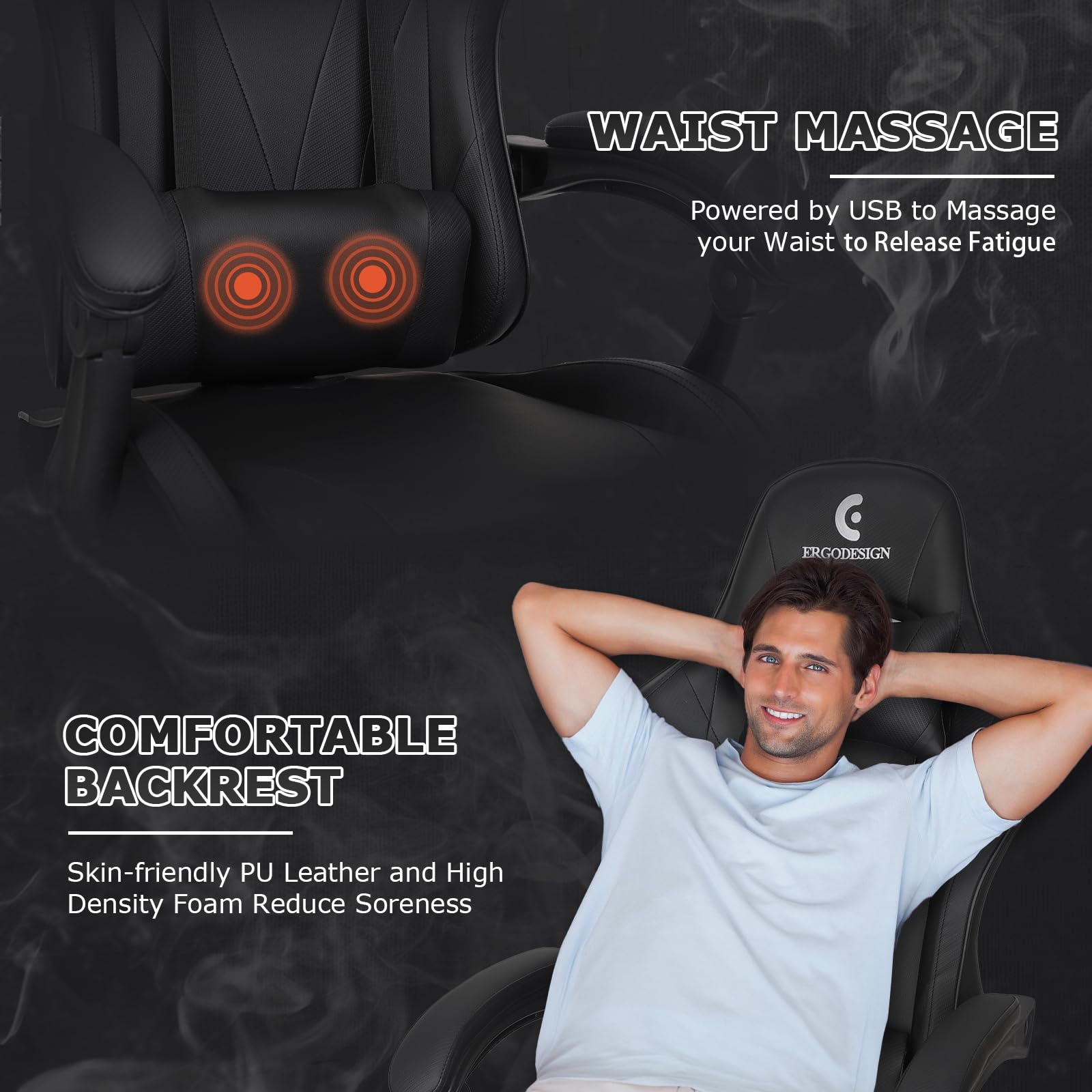 Ergonomic Gaming Chair with Adjustable Linkage Armrest & Footrest - High Back Computer Chair for PC & Console Gamers - Black - Perfect for Esports, Streaming & Office Work