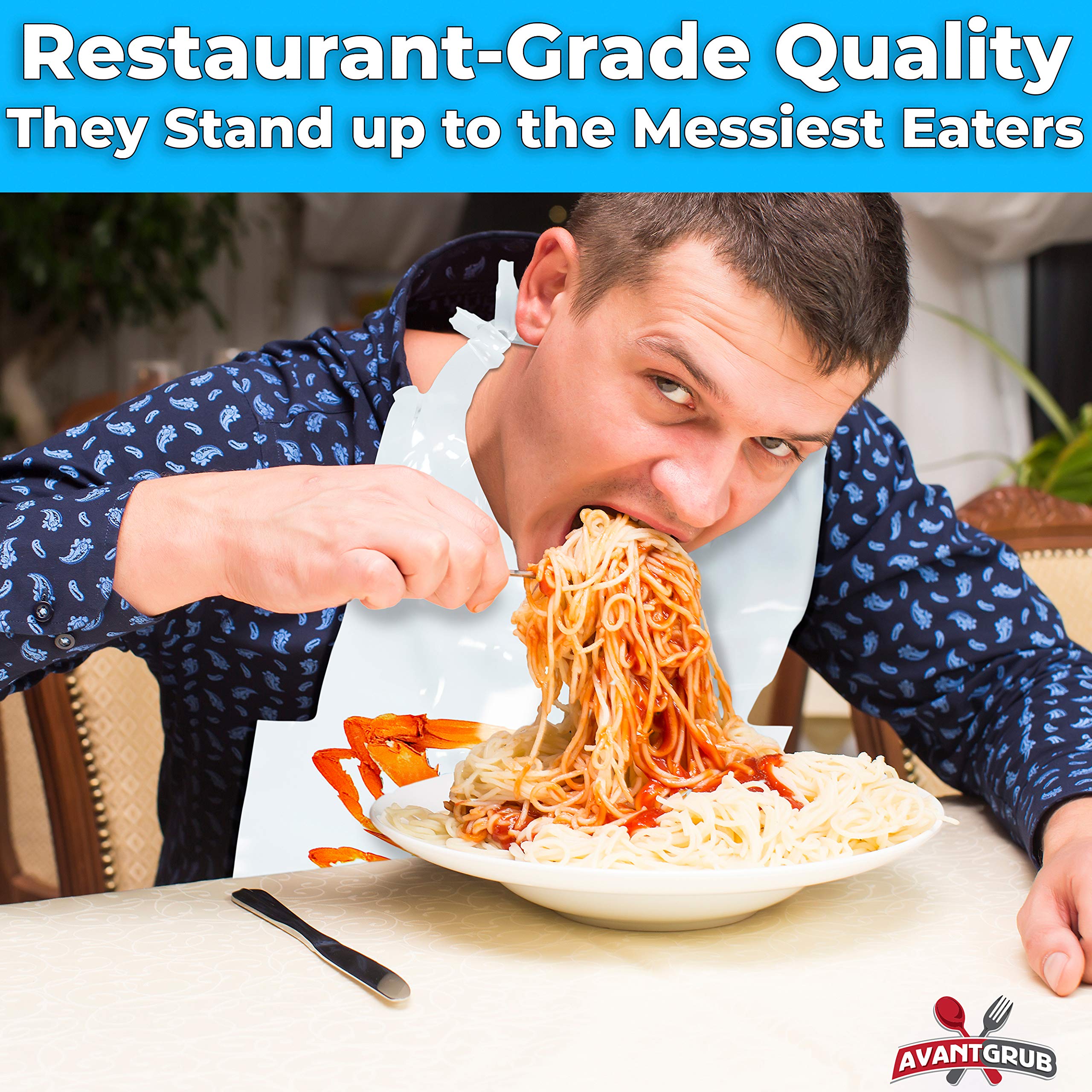 Avant Grub Heavy Duty Lobster Bibs 25 Pack - Large Disposable Plastic Tie-Back Bibs for Adults | Perfect for Seafood Dining, Crab Feasts & Messy Meals