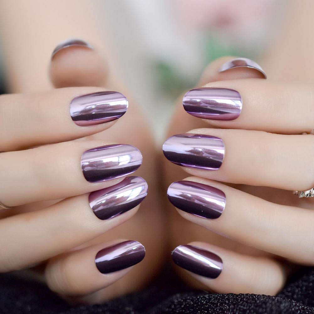 24PCS Light Purple Metallic False Nails with Mirror Finish - Pre-Designed Round Full Cover Fake Nails for Manicure - Perfect for Parties, Weddings & Special Occasions