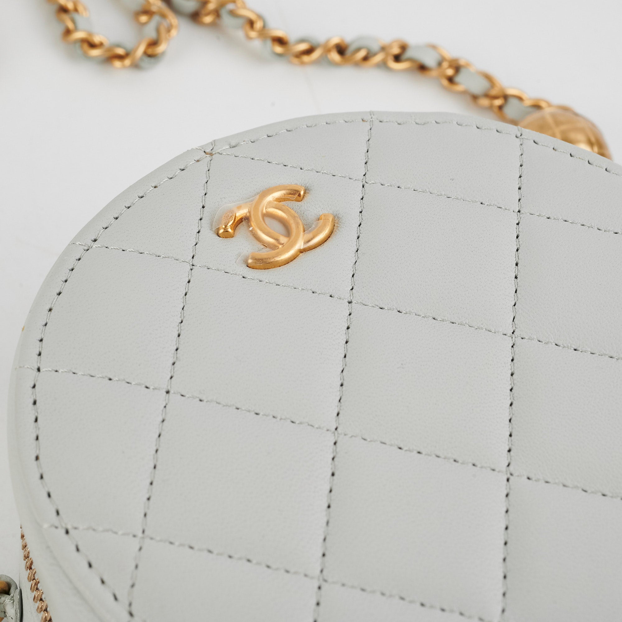 Chanel Round Pearl Crush Clutch With Chain - Grey Lambskin Leather Crossbody Bag for Women | Elegant Evening Party & Wedding Accessory