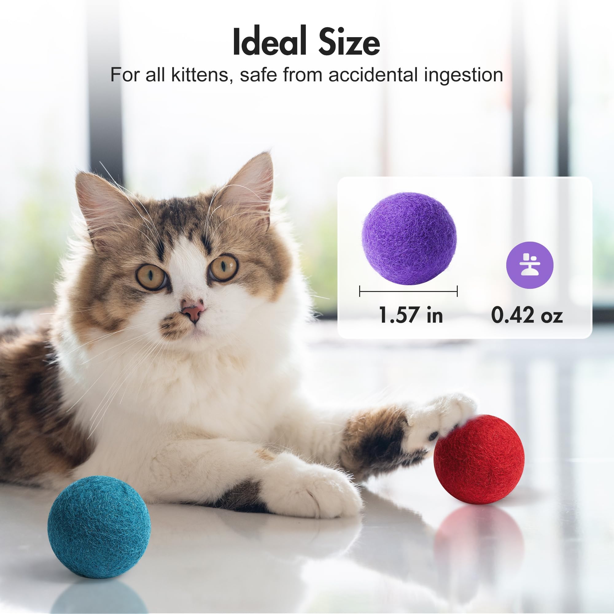 MEWOOFUN 6-Pack Handmade Wool Cat Ball Toys - Safe, Soft & Colorful Felt Balls for Cats & Kittens, 1.57 Inch Pet Play Toys - Perfect for Indoor Play, Exercise & Interactive Fun (Handcrafted in Nepal)
