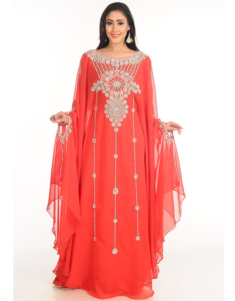 Arabic Peach Georgette Hand Zari Embroidered Farasha Dress - Elegant Evening Wear for Parties & Special Occasions