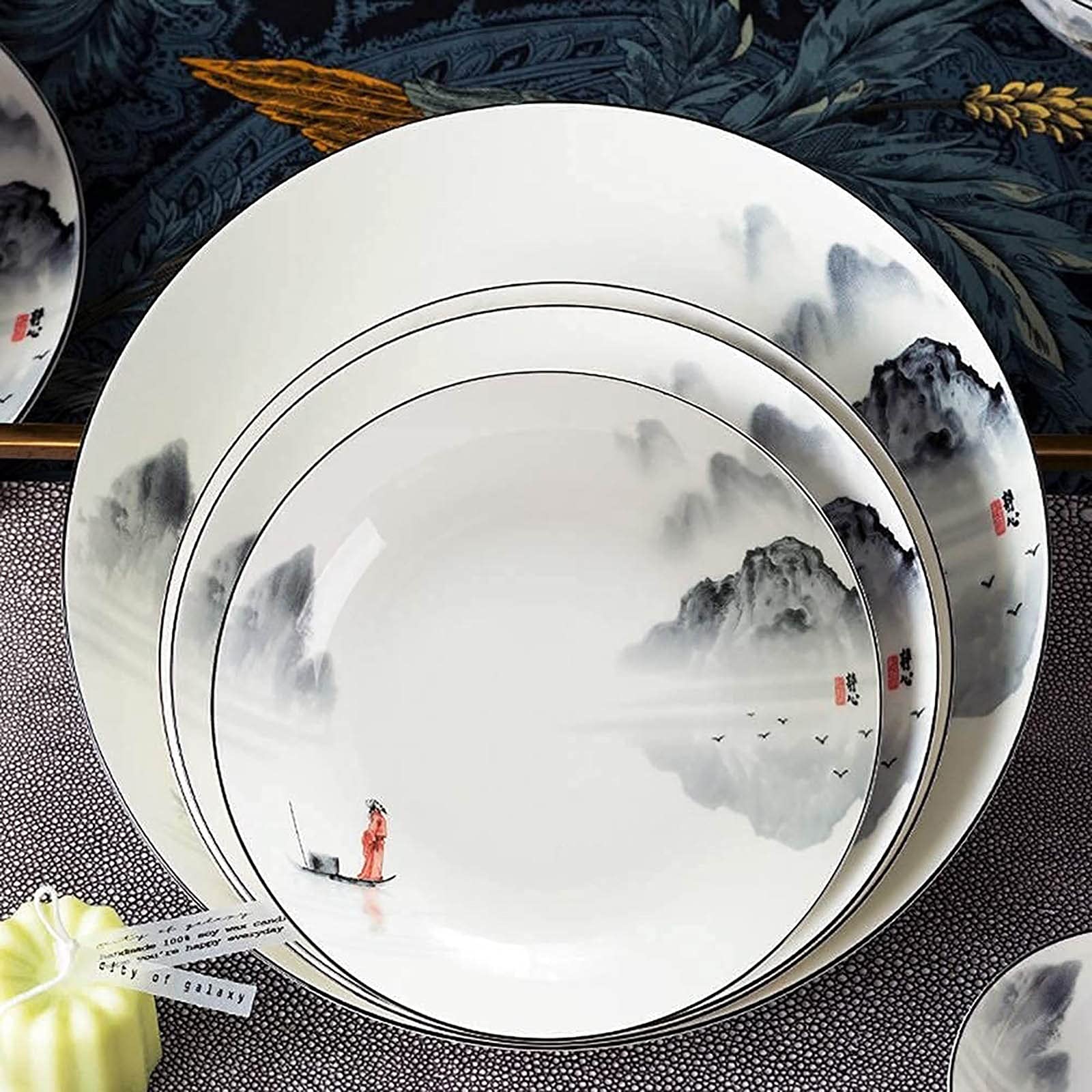 Elegant Black and White Dinnerware Set for 4/6/12 - 35-Piece Chinese-Inspired Tableware with Ancient Ink Painting Design - Perfect for Home, Kitchen, and Formal Dining Occasions