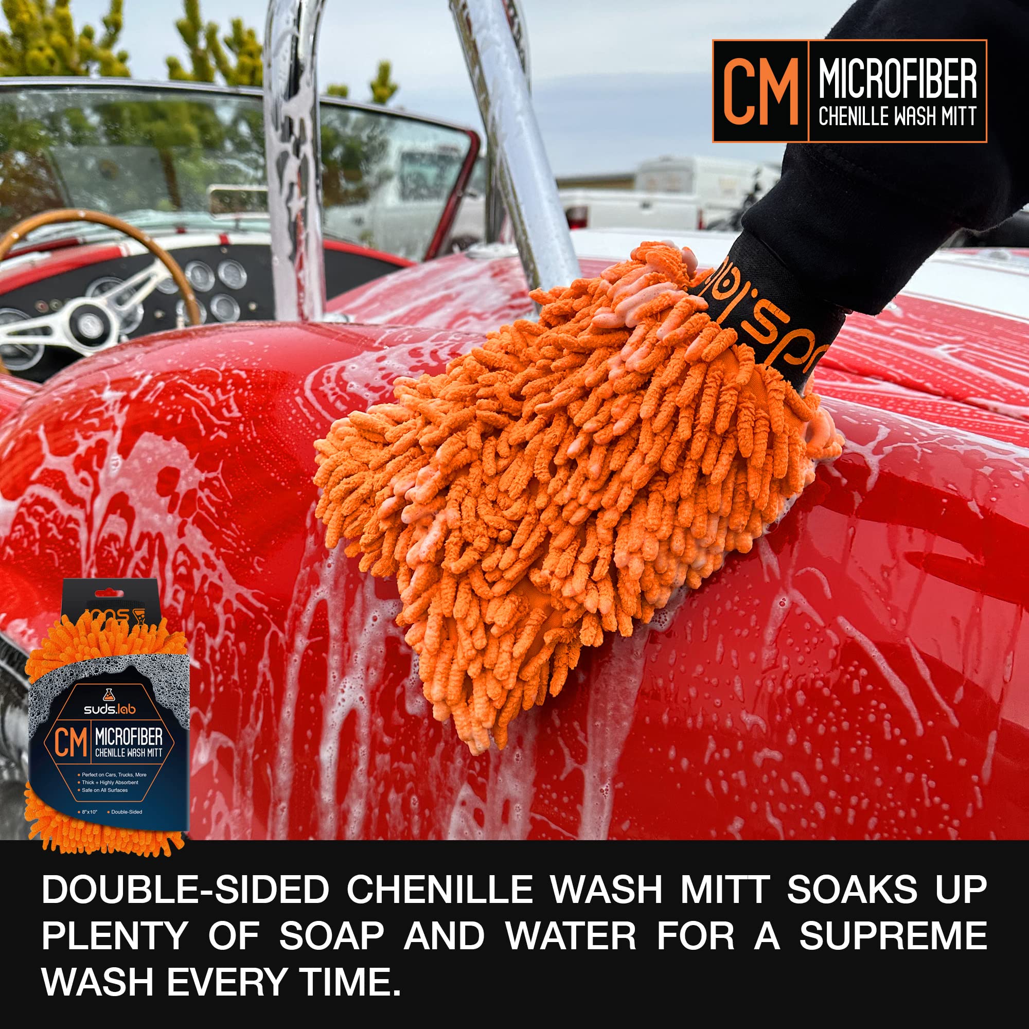 Suds Lab CM Chenille Microfiber Car Wash Mitt - Double Sided Scratch Free Wash Glove for Cars, Trucks & SUVs (8