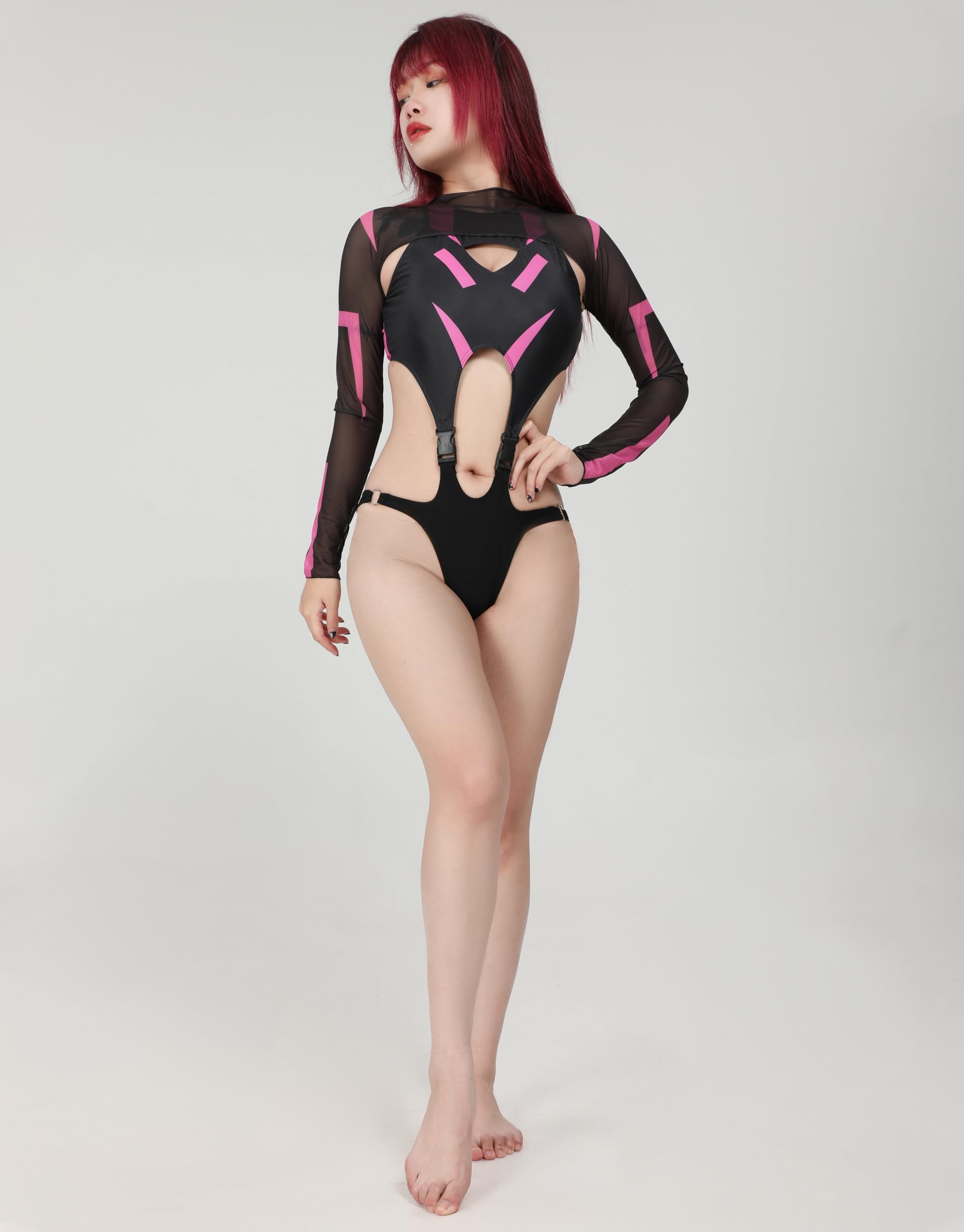 MEOWCOS Gothic One Piece Swimsuit for Women - Black & Pink Cutout Bathing Suit with Shrug Cover Up | Sexy Swimwear for Beach, Pool Party & Summer Vacation