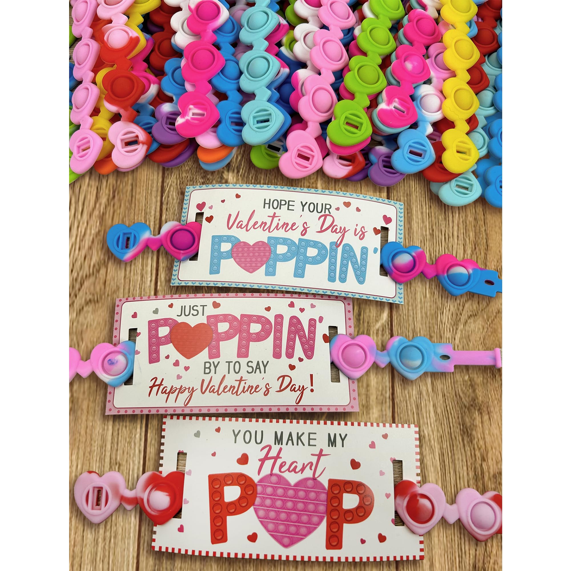 24 Pack Valentine's Day Cards with Heart POP Bracelets - Sensory Fidget Toys for Kids, Classroom Gift Exchange, Party Favors (Toddlers, Girls & Boys) - Perfect for School Celebrations & Friendship Gifts