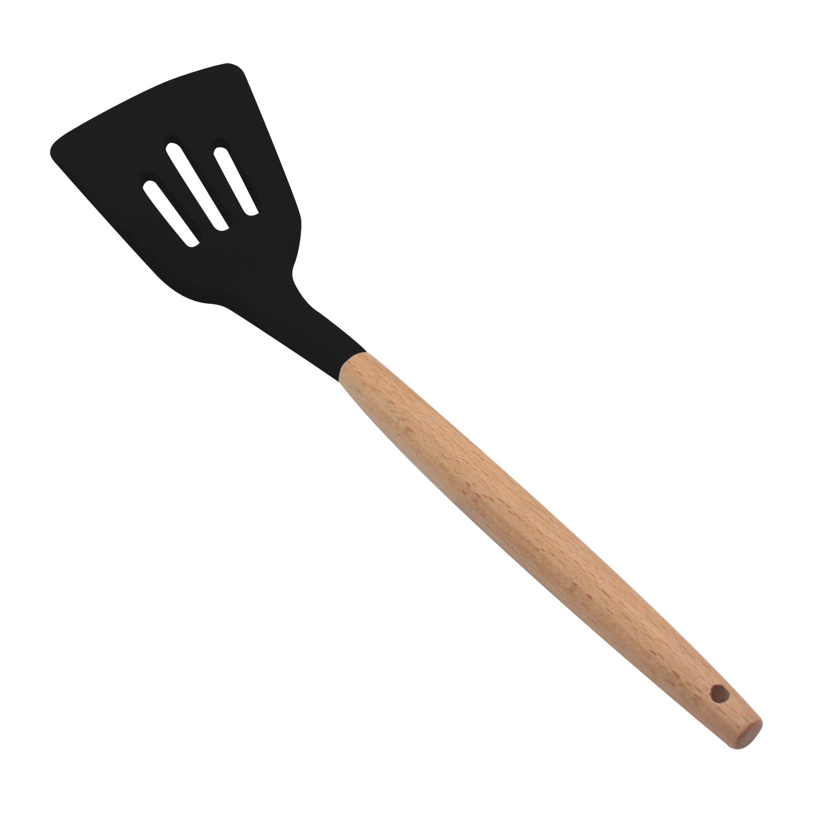 KUFUNG Silicone Slotted Spatula - 480°F Heat Resistant, BPA Free, Food Grade Turner with Wooden Handle - Perfect for Flipping Fish, Eggs, Omelets, Burgers, Hashbrowns & Pancakes (Black) - Ideal for Nonstick Cookware & Everyday Kitchen Cooking