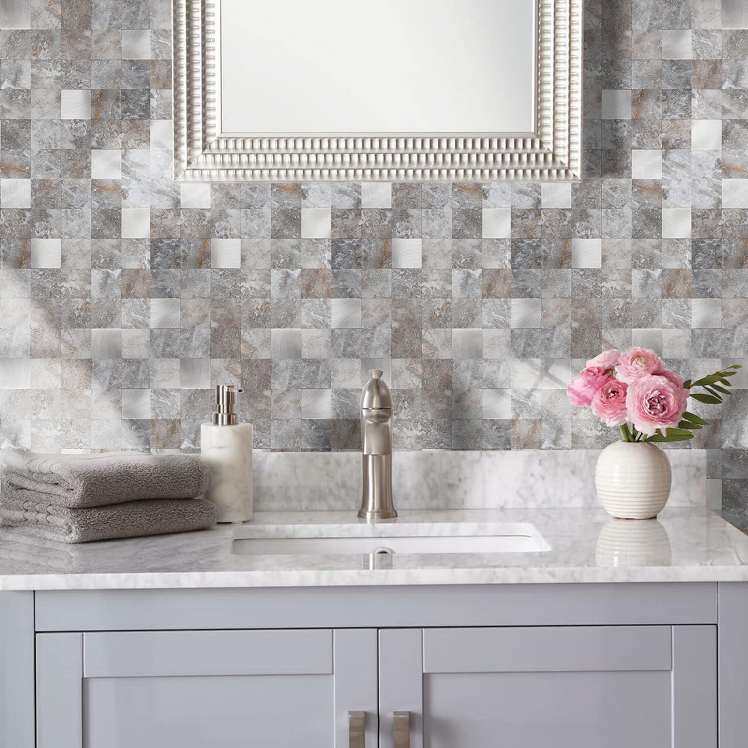 STICKGOO Peel and Stick PVC Mixed Metal Backsplash Tile for Kitchen - 10 Sheets, Grey | Easy DIY Kitchen Upgrade, Waterproof & Heat Resistant for Stove, Sink & Countertop Protection
