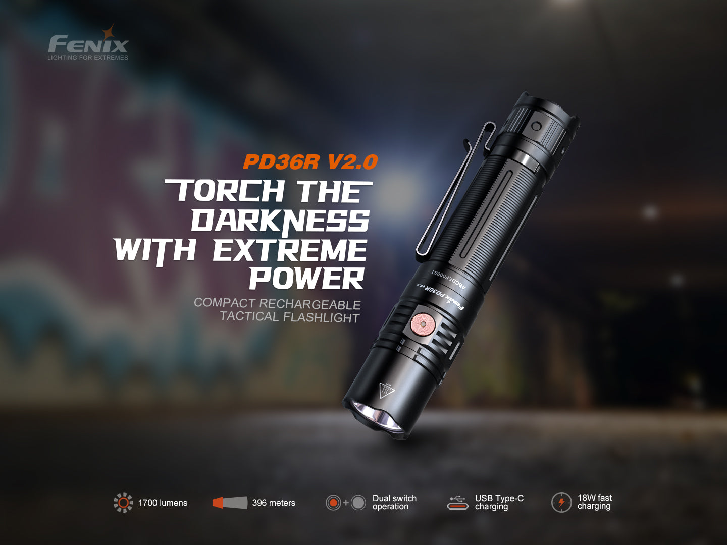 Fenix PD36R V2 Compact Rechargeable Tactical Flashlight - 1700 Lumens Bright LED, IP68 Waterproof, for Camping, Hiking, Emergency & Outdoor Adventures
