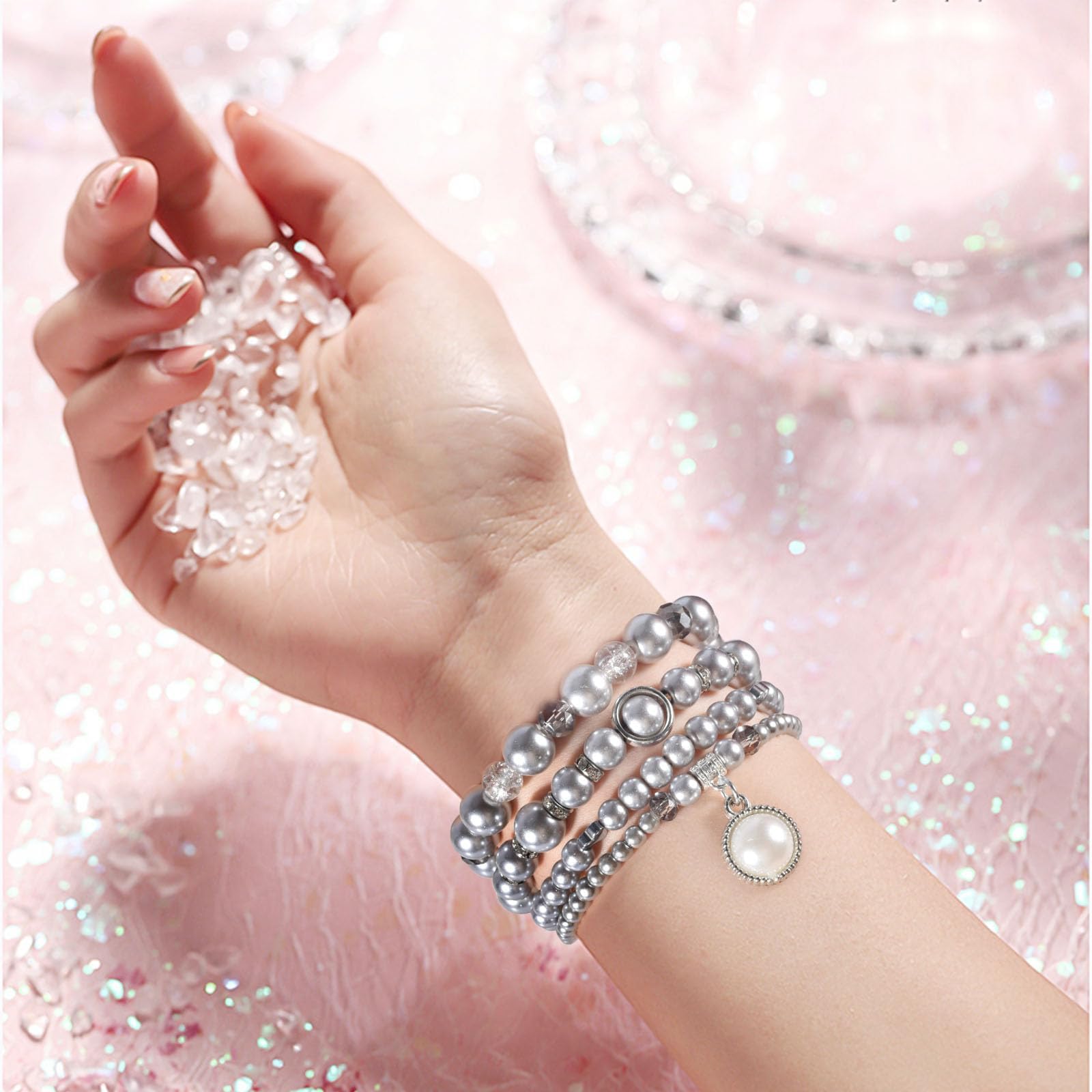 V-MORO Stretch Pearl Bracelet Compatible with Apple Watch 38/40/41/42/44/45mm - Elegant Rose Gold Watch Band for Women - Fashion Jewelry Strap for iWatch Series 9/8/7/6/5/4/3/2/1/SE - Perfect for Parties, Weddings & Office Wear