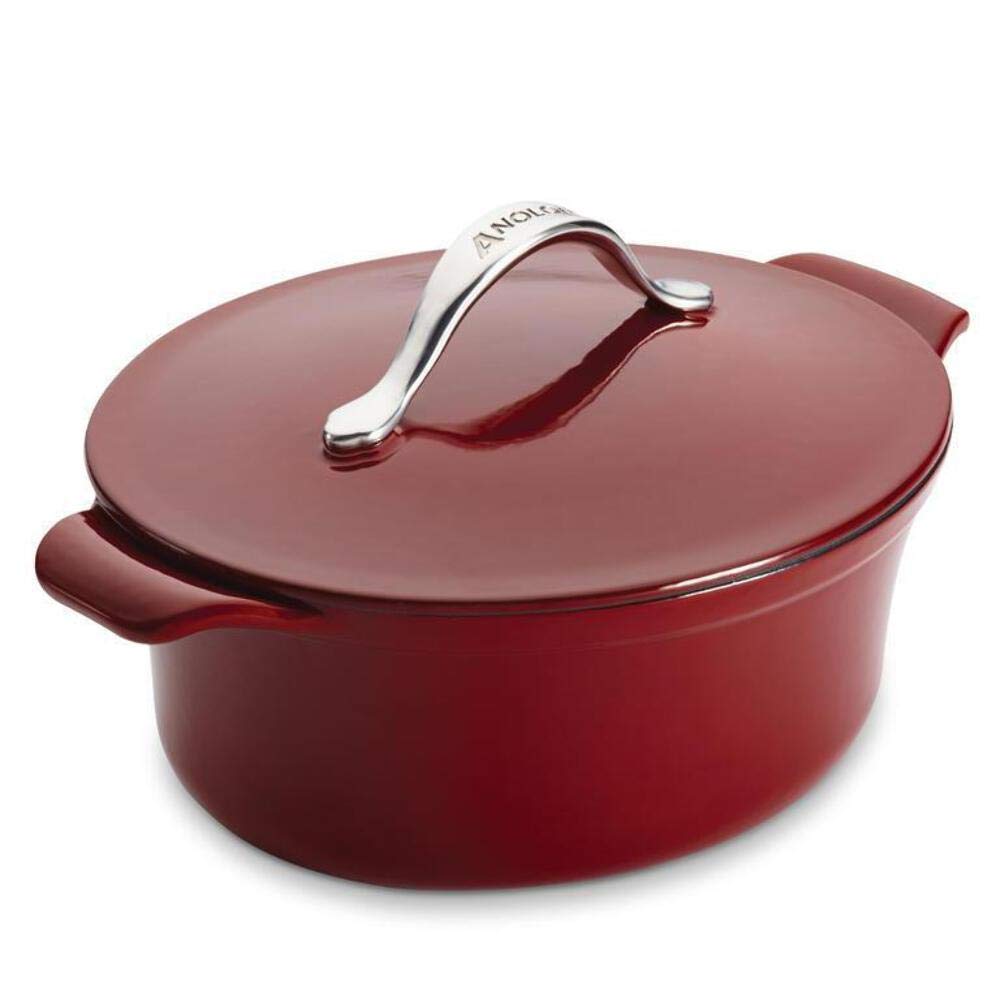 Anolon Vesta 4 Quart Cast Iron Casserole Pan with Lid - Paprika Red | Dutch Oven for Baking, Braising & Slow Cooking | Perfect for Soups, Stews & One-Pot Meals