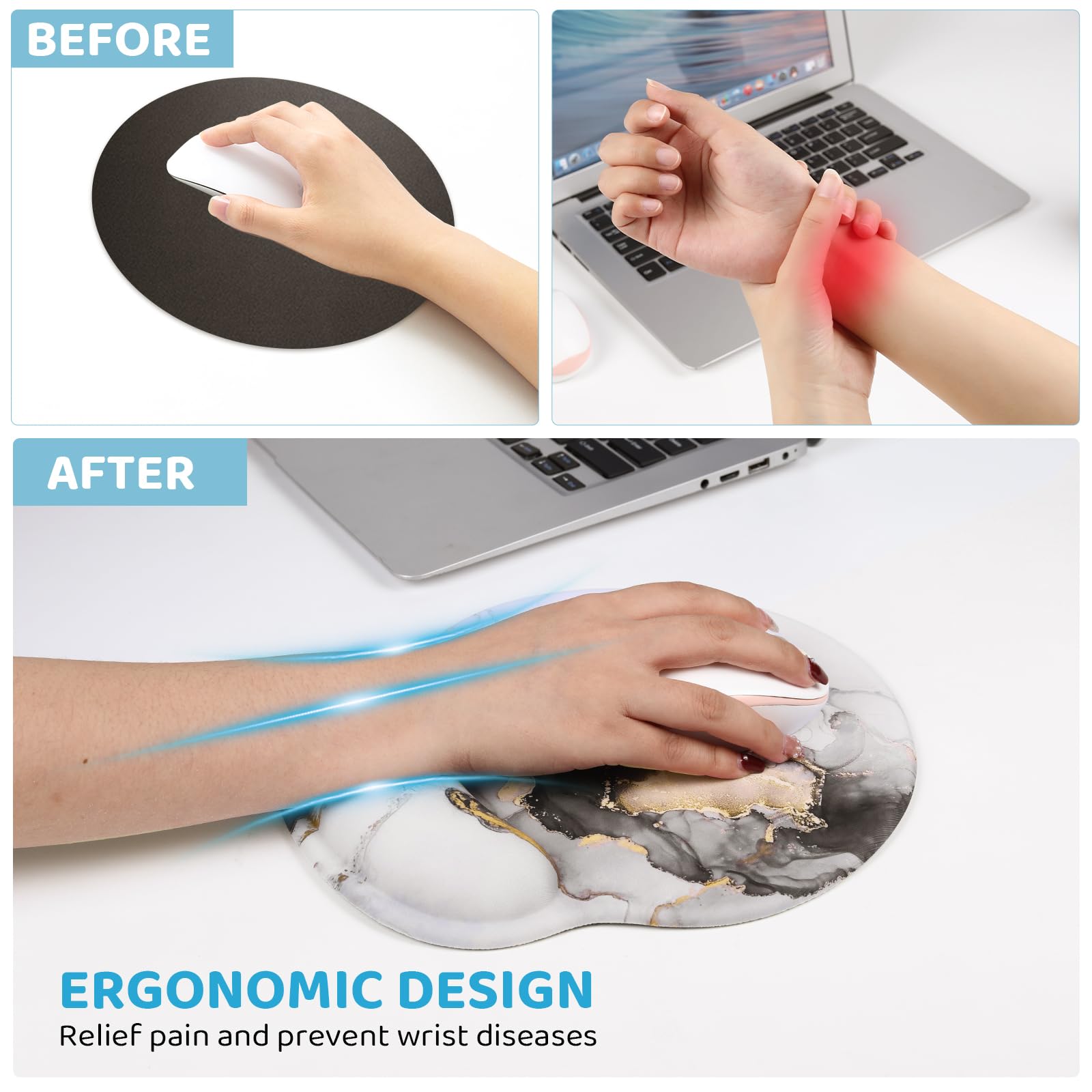 Ergonomic Mouse Pad with Wrist Support - Comfortable Gel Mousepad for Laptop & PC, Non-Slip PU Base for Pain Relief (Grey Marble) - Perfect for Office, Gaming & Long Computer Work Sessions