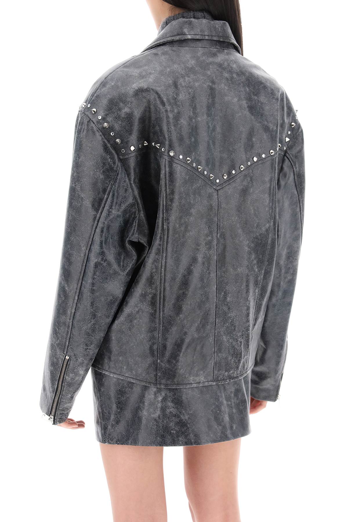 Alessandra Rich Oversized Leather Jacket with Studs & Crystals - Women's Fashion Statement Piece for Night Out & Street Style